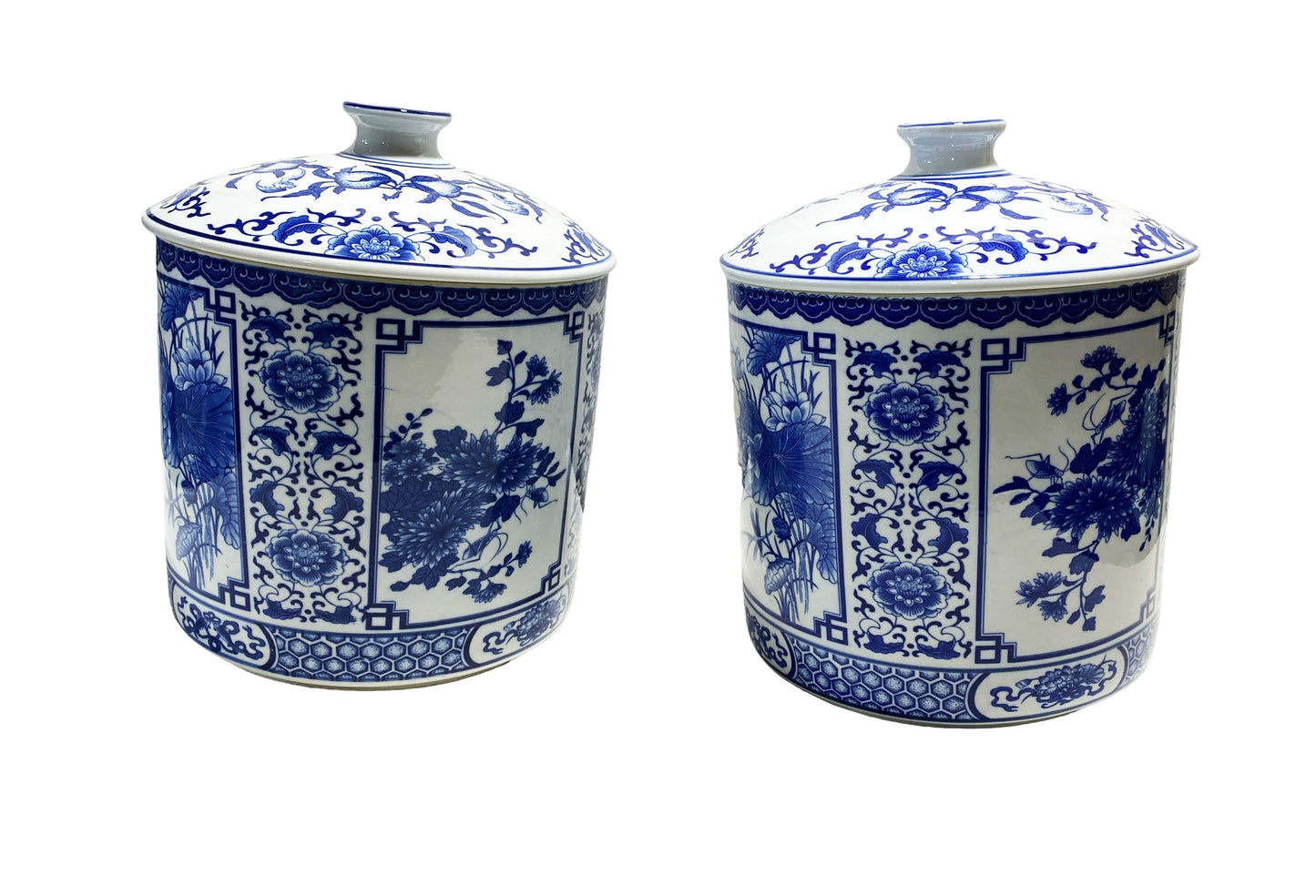 #7247 Large Chinoiserie Blue and White Ginger Jars Pair 12" H