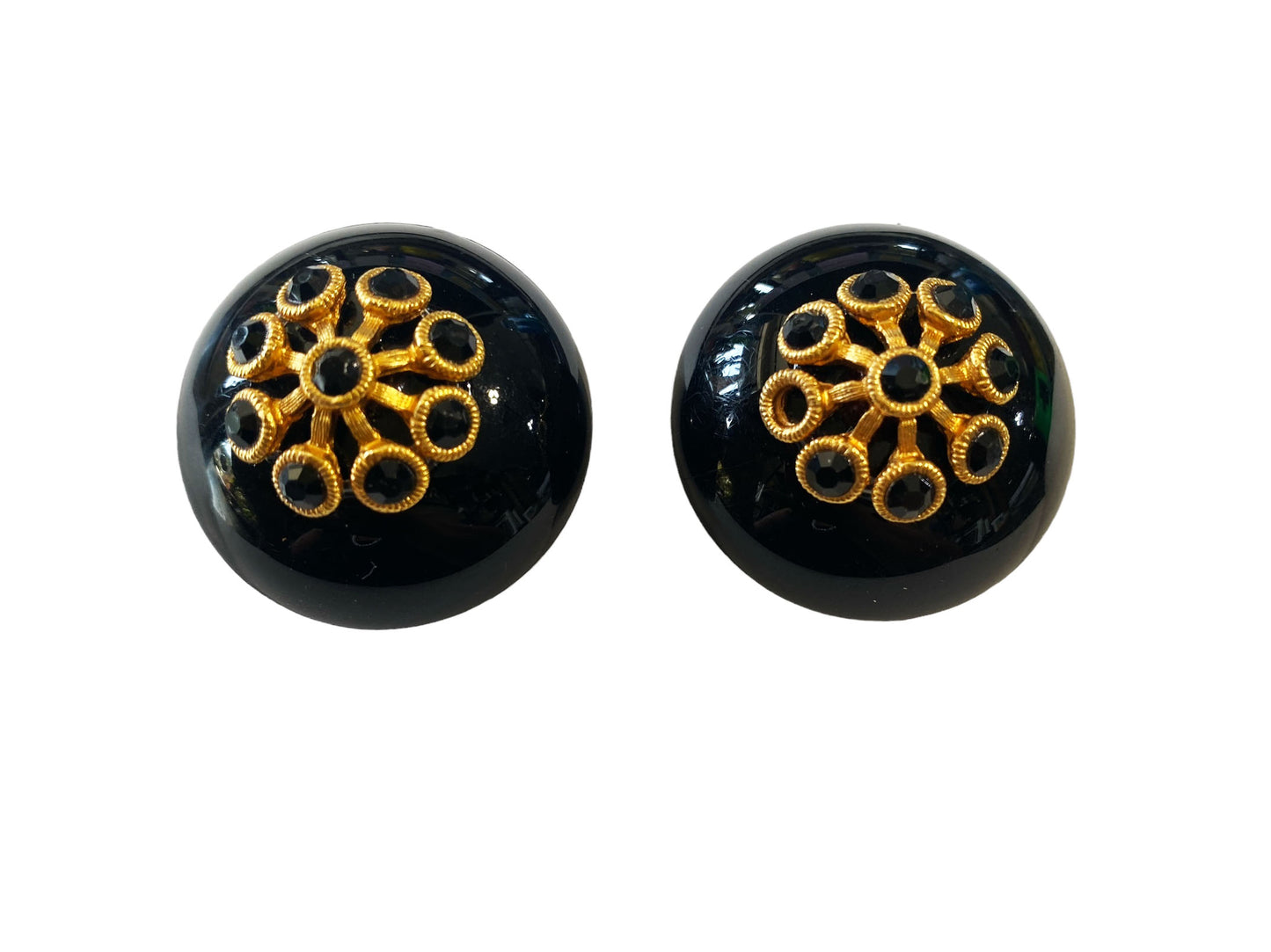 #6119 Vintage Large Black Bakelite Dome Earrings Clip On  Glossy 1.25" Diameter