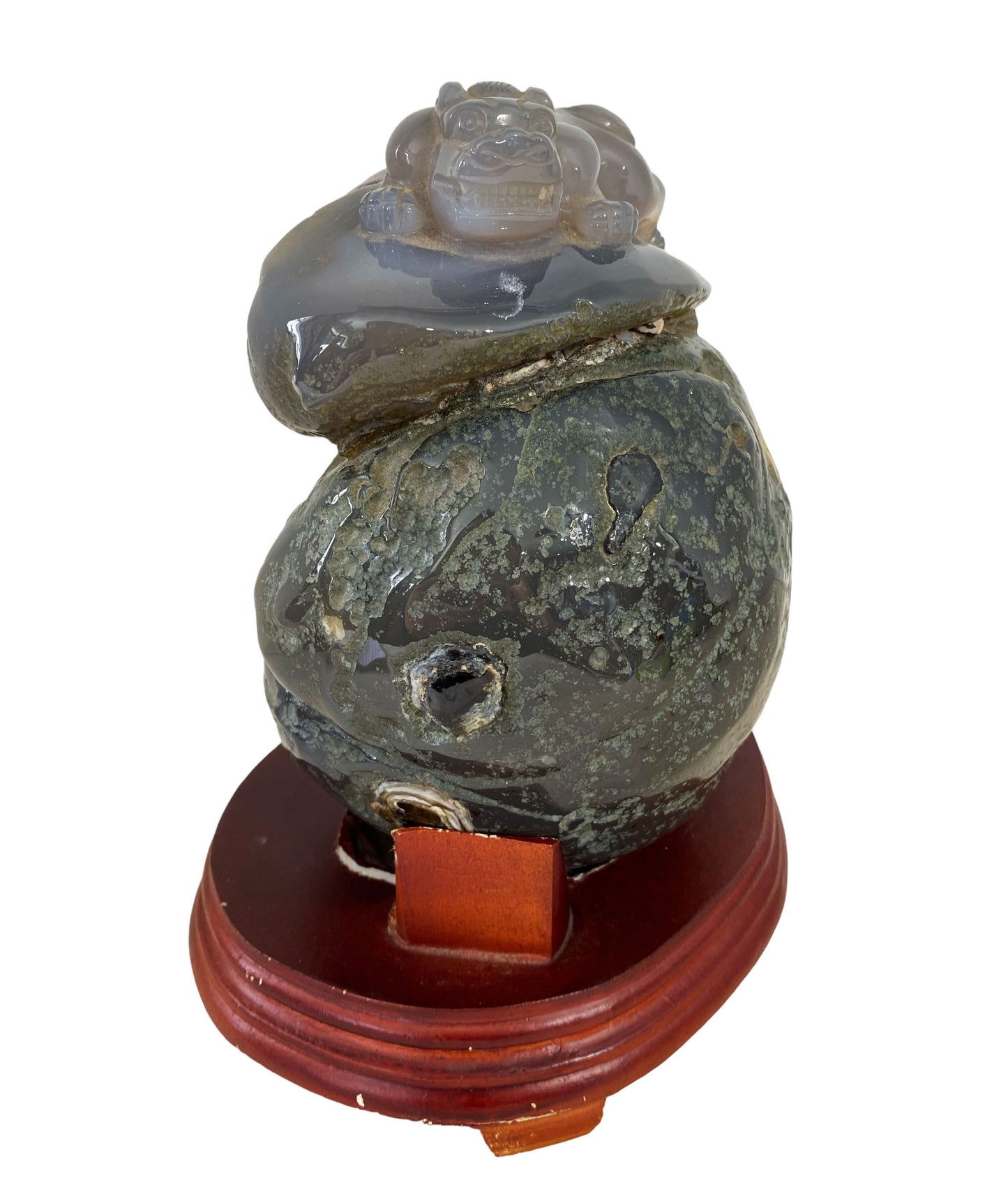 #6183 Smoky Carnelian Agate Stone with Foo Dog 8.75" h