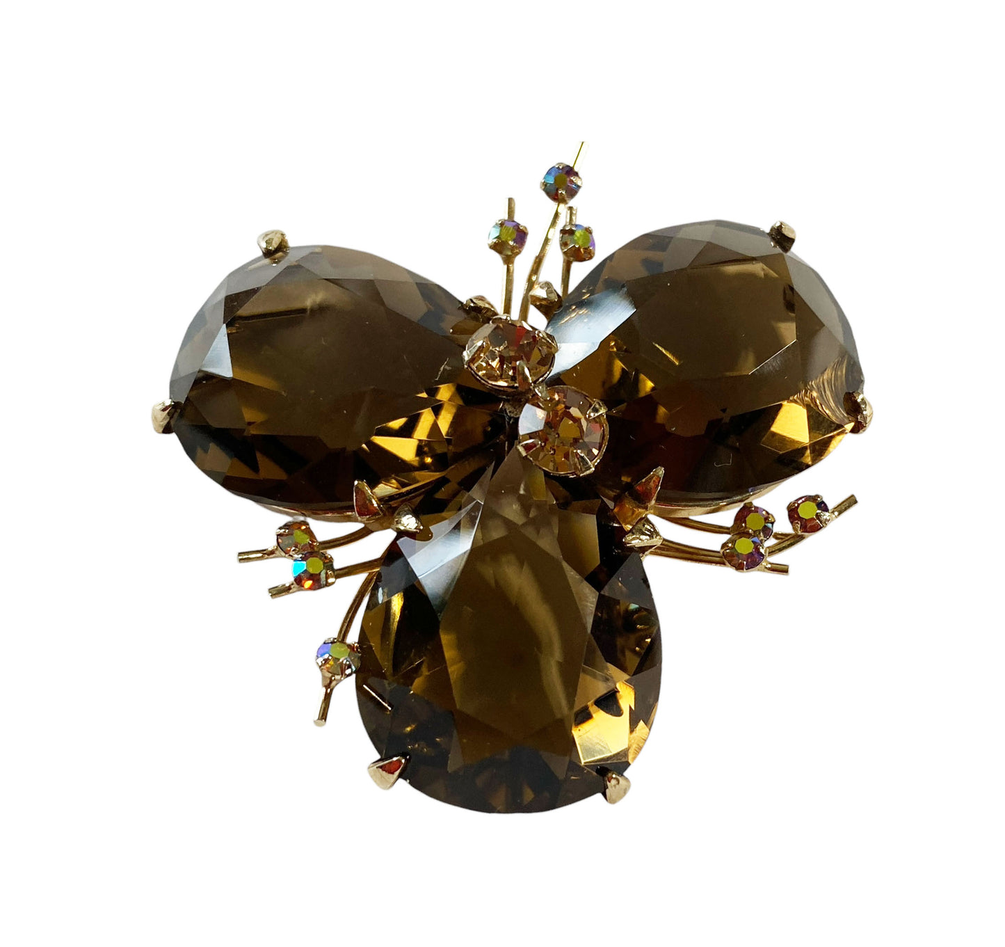 #6203 Vintage Bergere Gold tone Topaz  Rhinestone Set of  Brooch Pin/Earrings/Ring