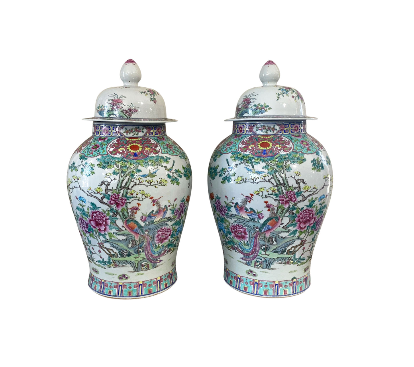 #5949 Vintage LG Chinoiserie Famille Rose Porcelain Ginger Jars 26" H Pair