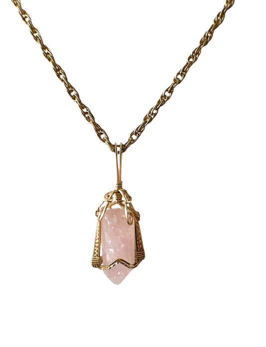 #6427 Vintage Rose Quartz Pendant with Gold tone  Chain 14" H
