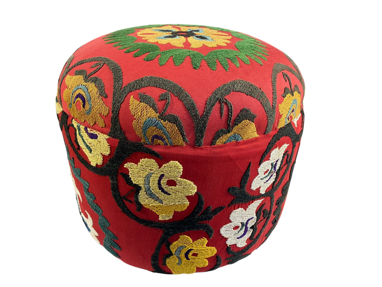 #596 Custom Made Ottoman With Vintage Uzbeck Suzani Upholstery 16" H