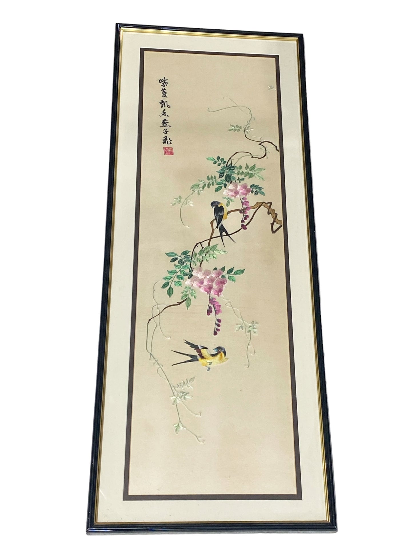 #6011 Vintage Hand Embroidered Chinese Cream Silk Panel Picture With Birds Framed 41" H