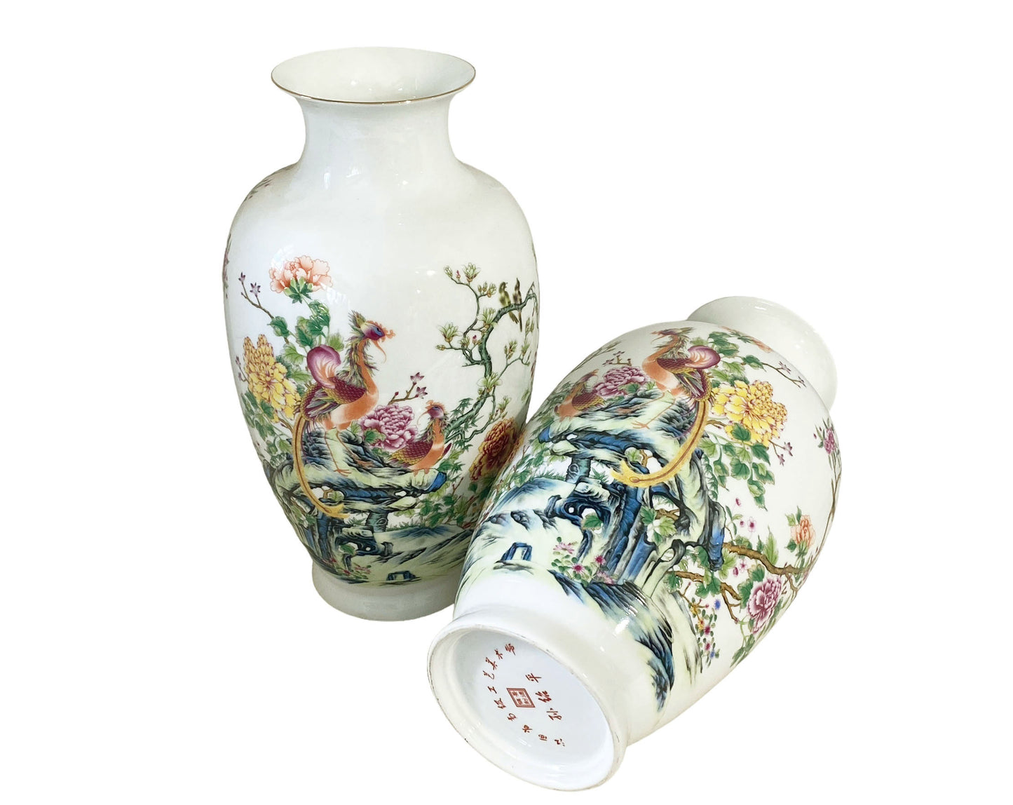 #6124 Chinoiserie Pair of Porcelain Egg Shell Vases 14" H