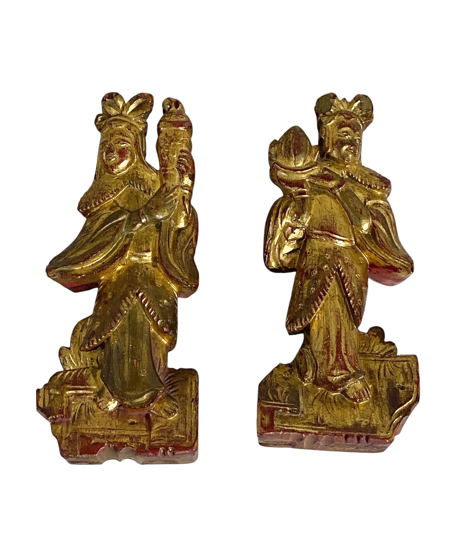 #6227 19th C. Chinoiserie Carved wood Gilt Figures wall Hanging S/2