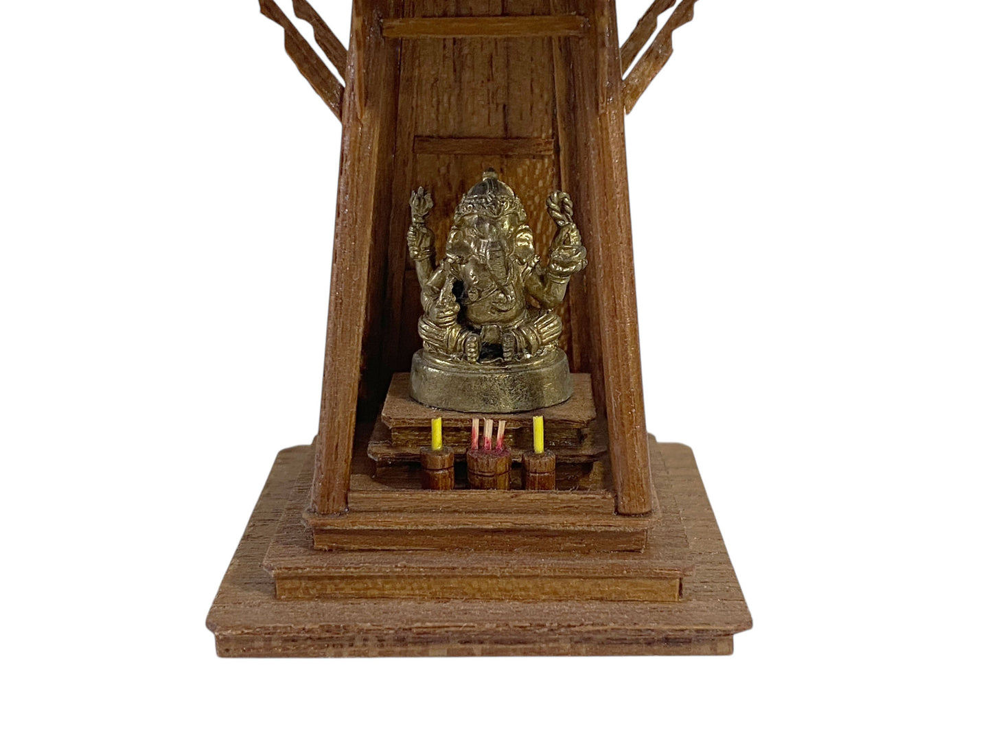 #6340 Thai Spirit House Hand Carved Teak Wood Buddhist Temple W/ Bronze Ganesh