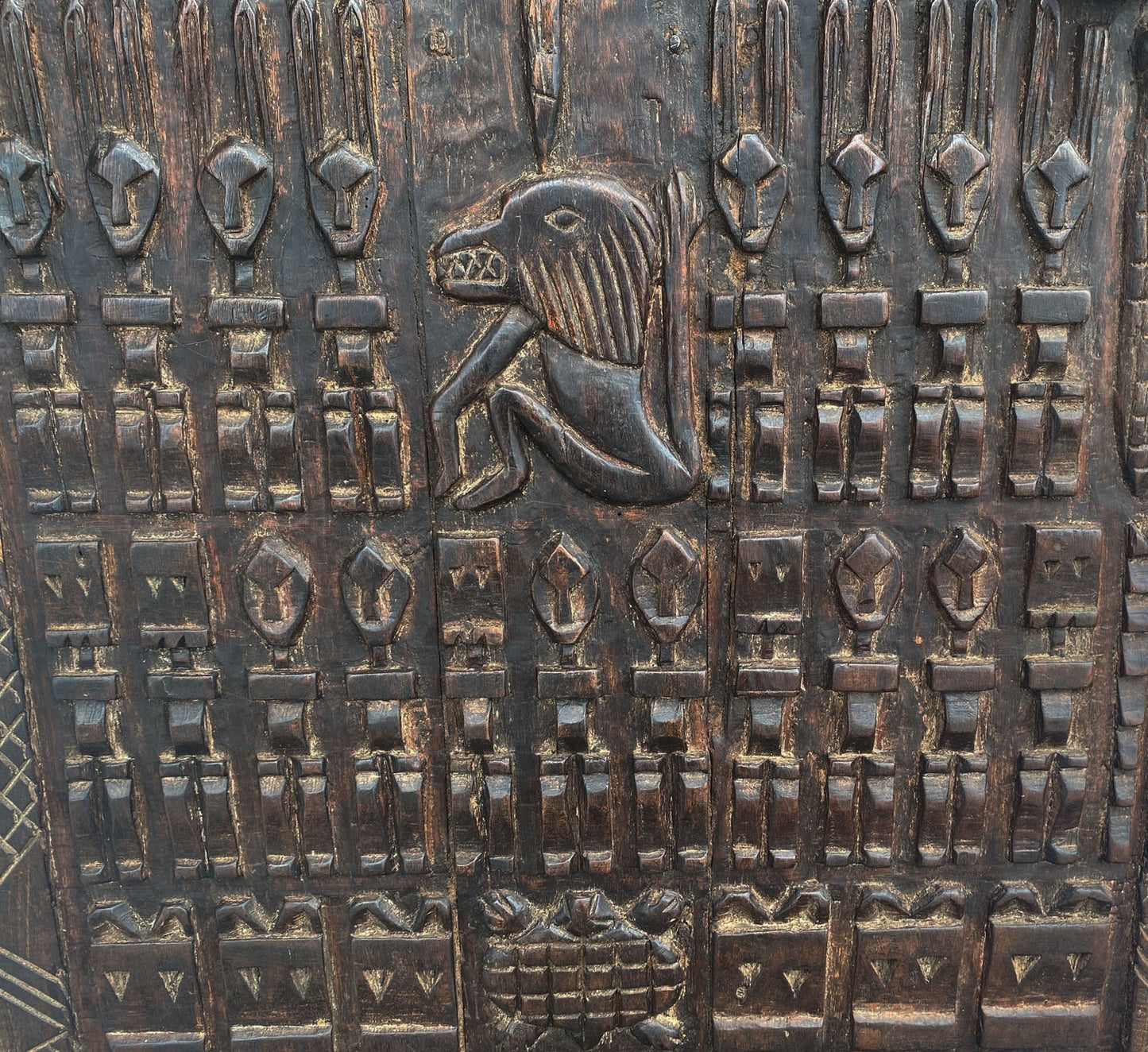 #6828 Vintage Granary Dogon Door w/Nomoo Ancestors /crocodiles/ Mali African 80" H