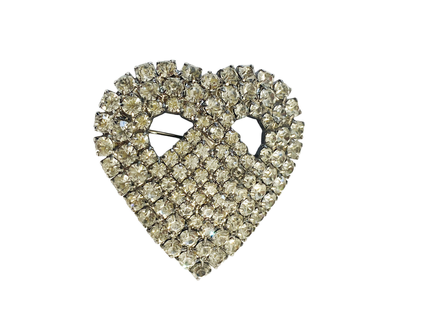#7145 Vintage Clear Rhinestone Heart Brooch Pin Costume Jewelry Silver Toned