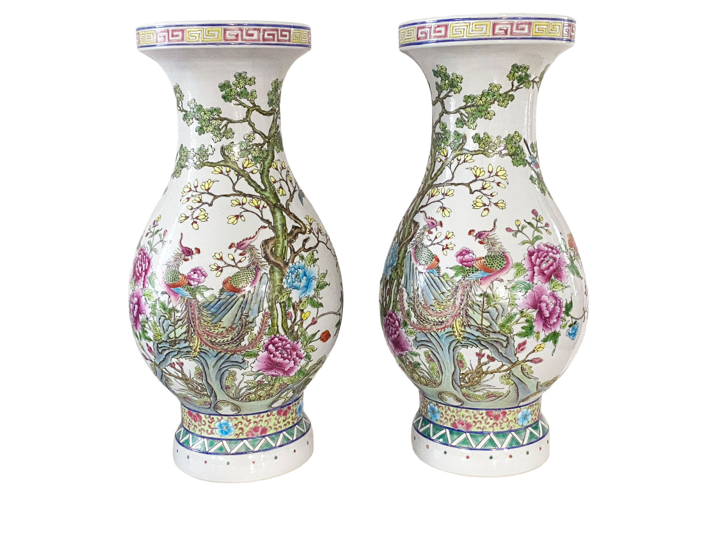 #3195 Chinoiserie Hand Painted Famille Rose Phoenix Vases /Pair 21" H