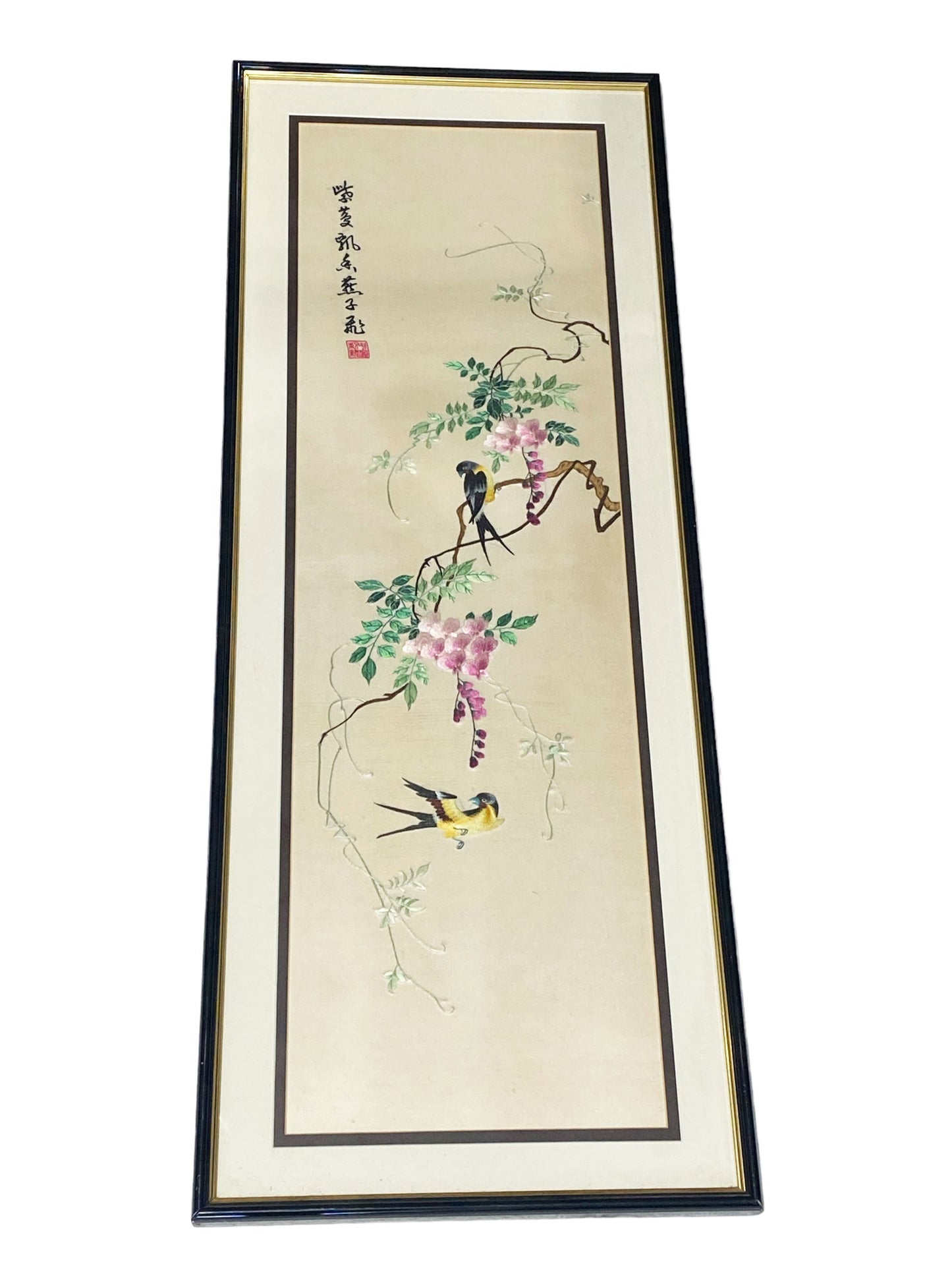 #6011 Vintage Hand Embroidered Chinese Cream Silk Panel Picture With Birds Framed 41" H