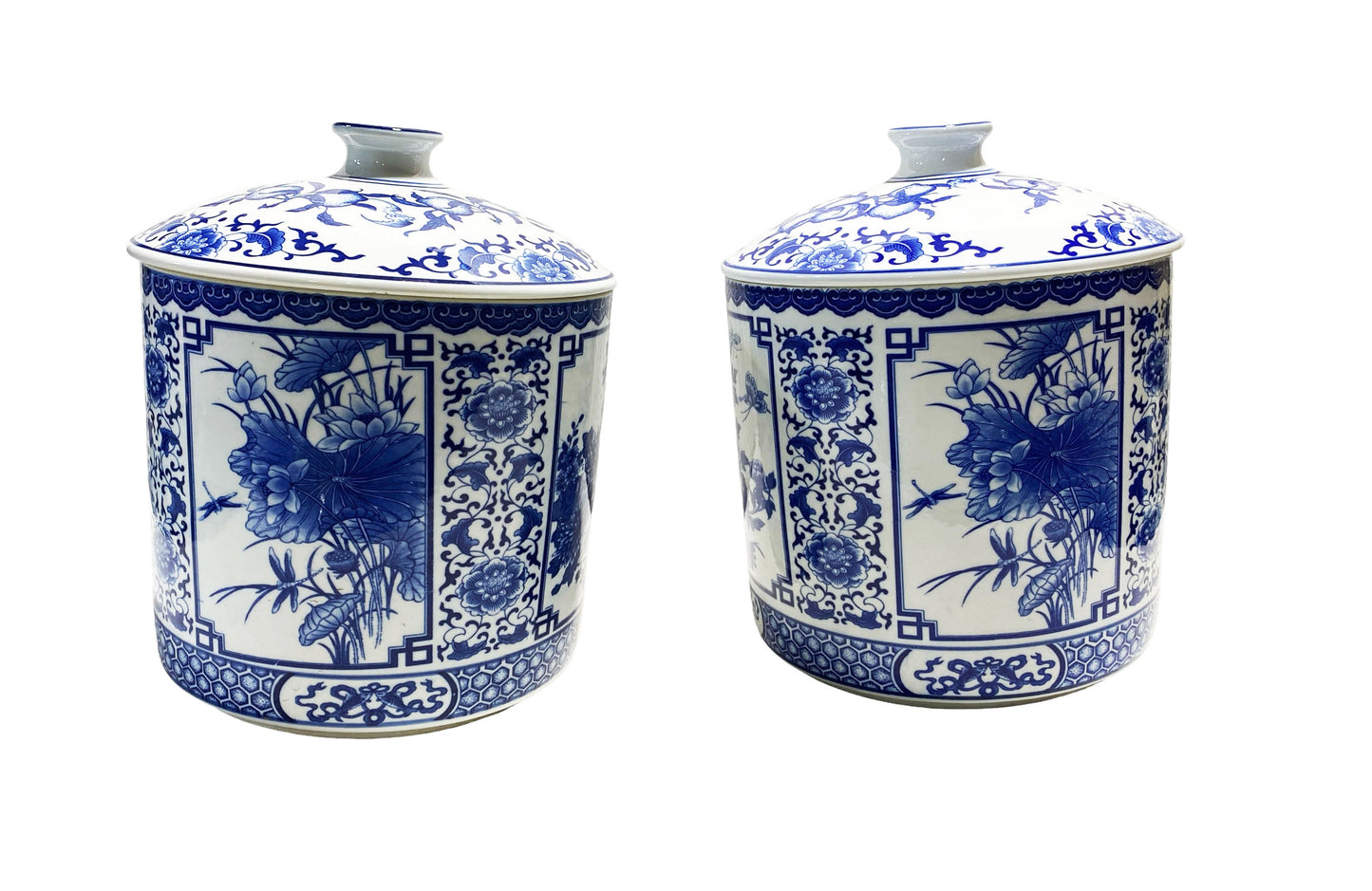 #7247 Large Chinoiserie Blue and White Ginger Jars Pair 12" H