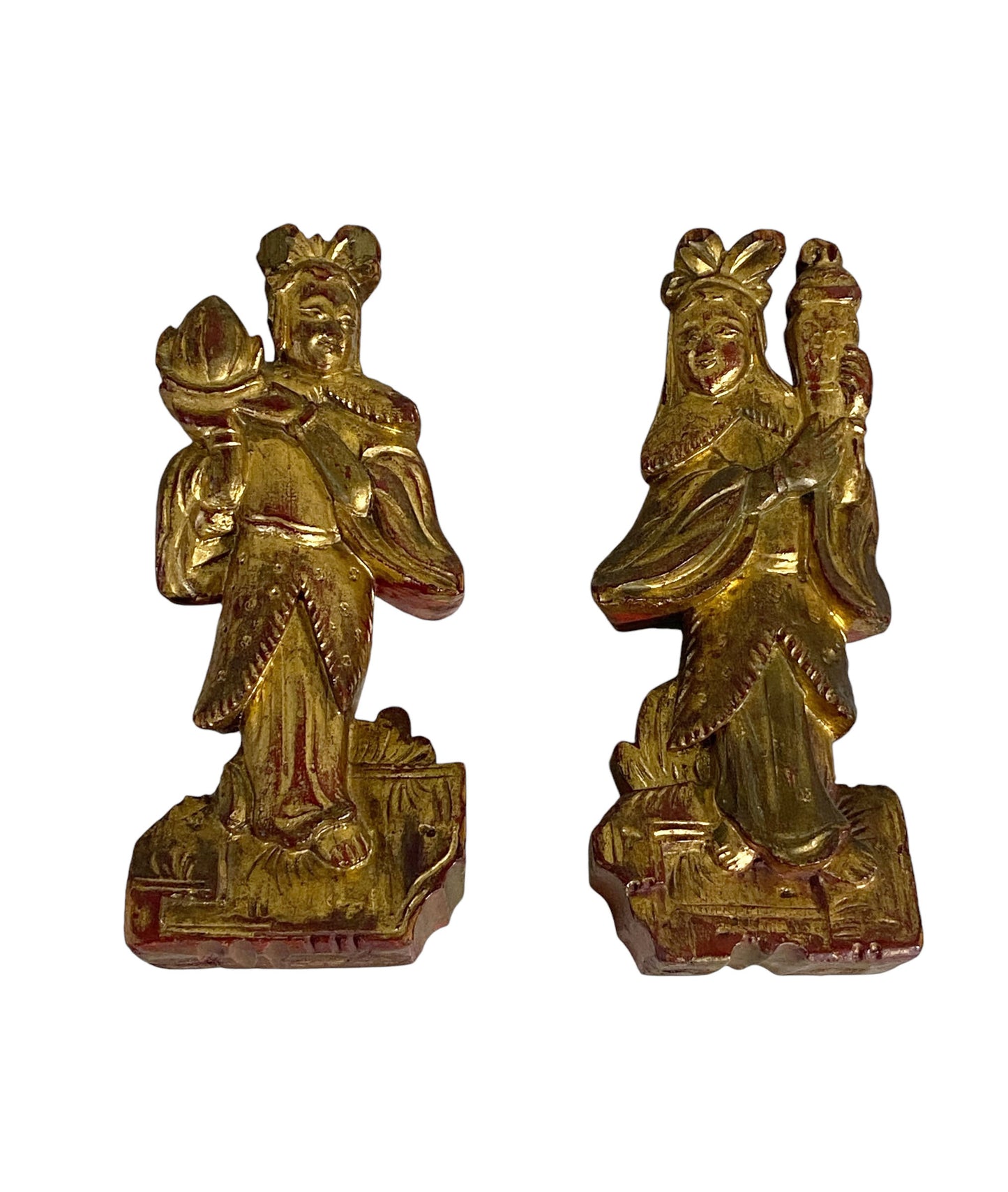 #6227 19th C. Chinoiserie Carved wood Gilt Figures wall Hanging S/2