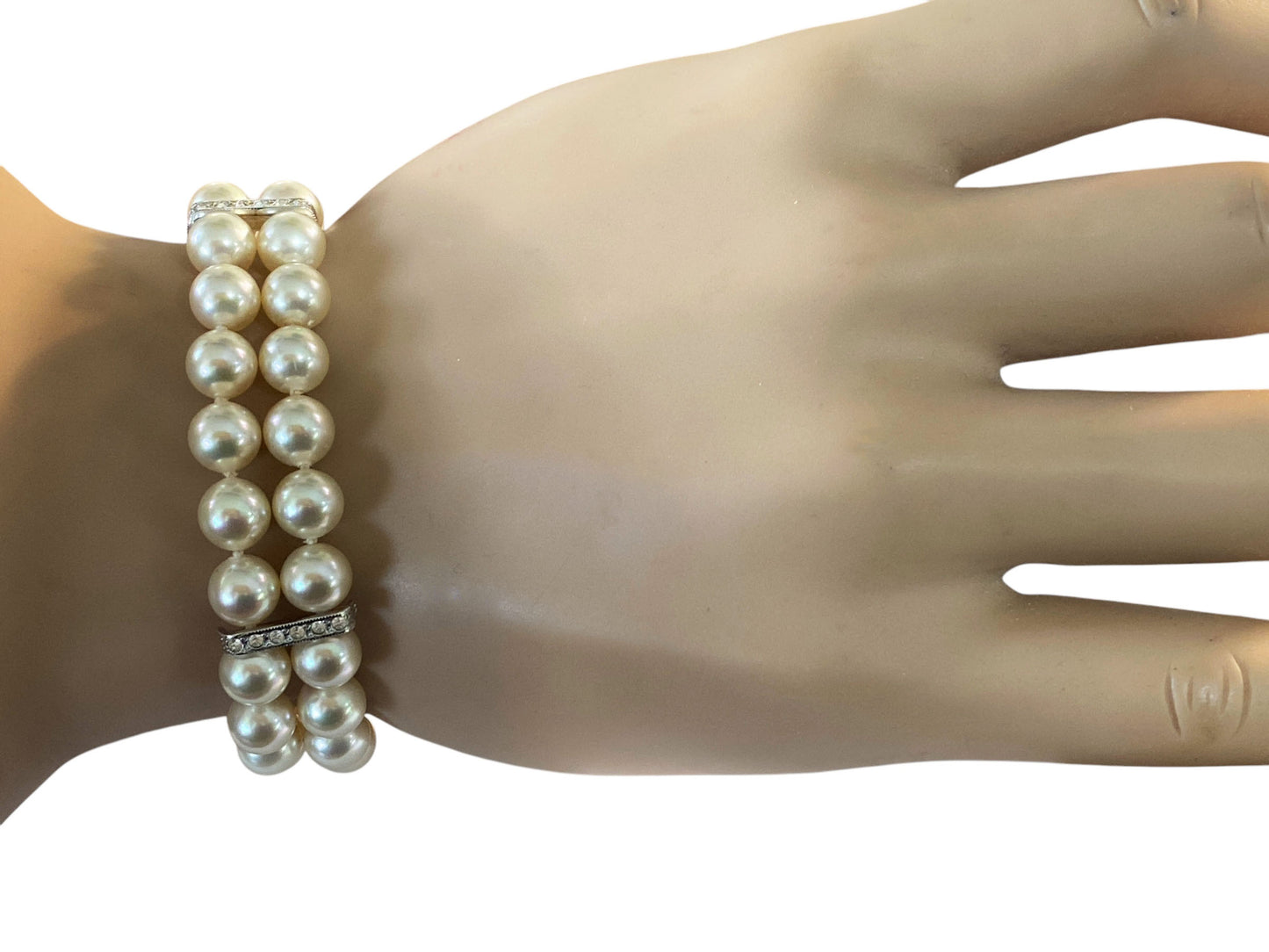 #6295 Vintage Czech Two Strand Pearl Bracelet With Faux silver tone  Diamond Clasp 8"