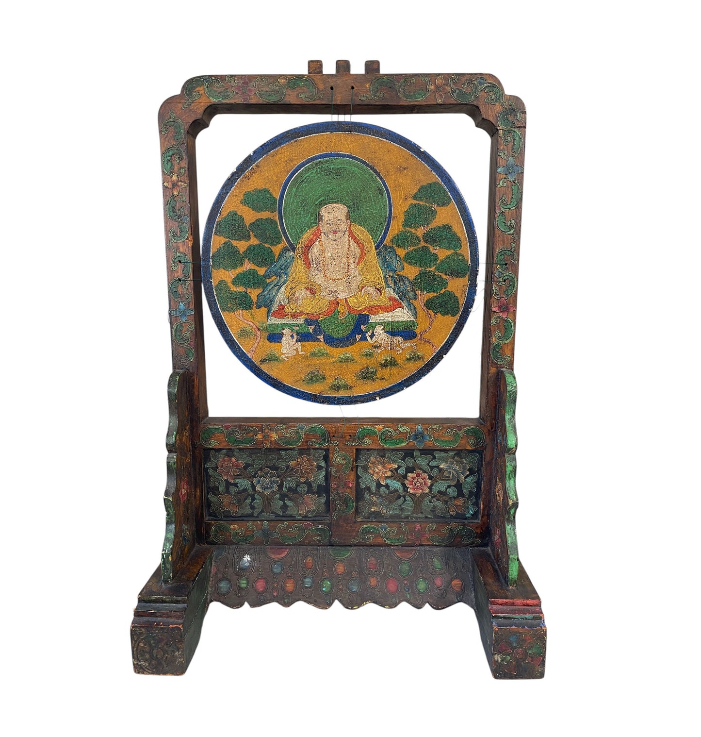 #6081 Large Tibetan Wood Gong On stand with Mallet striker 32.5" H