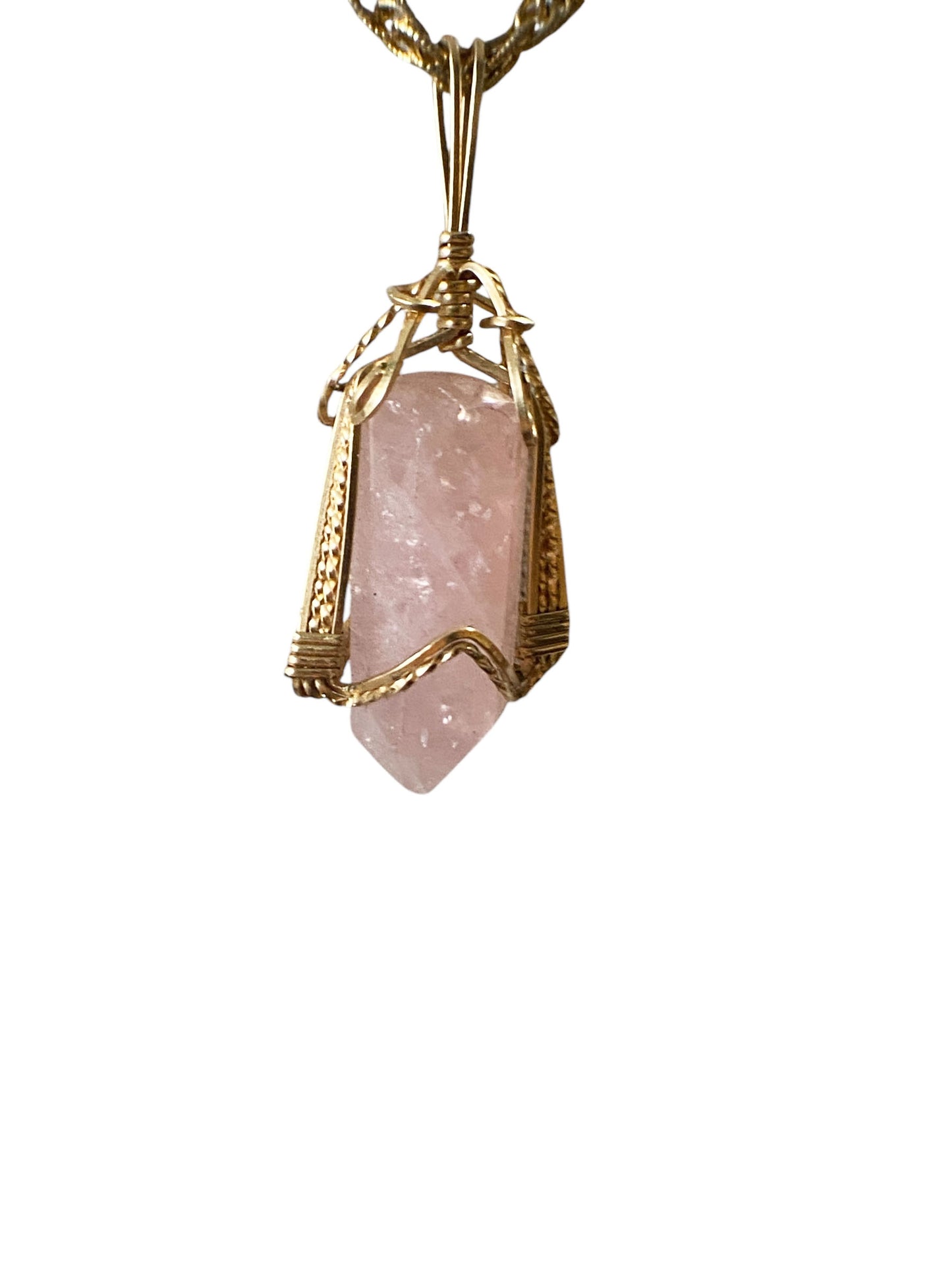 #6427 Vintage Rose Quartz Pendant with Gold tone Chain 14" H