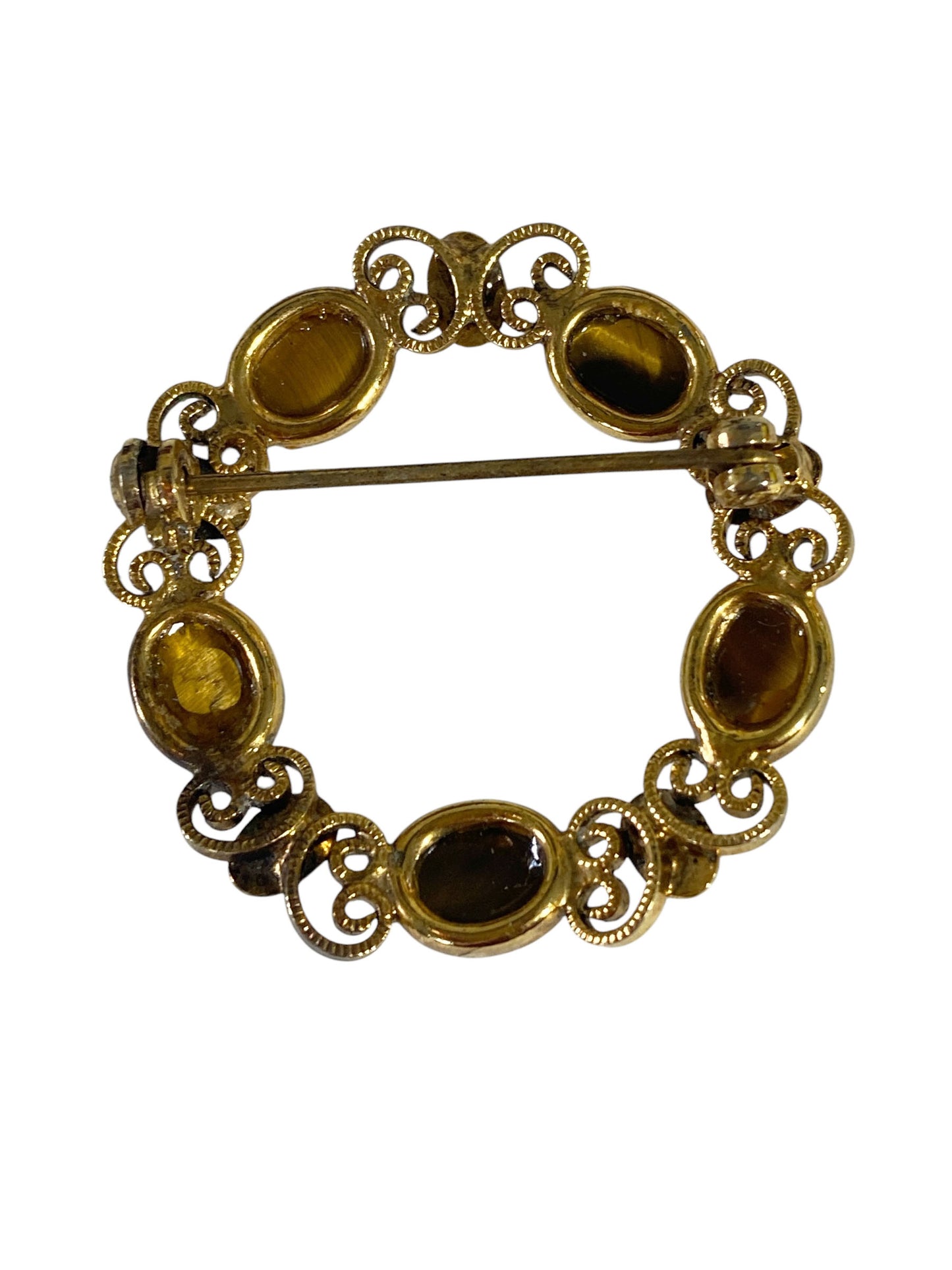 #6301  Tigers Eye Style Garland Wreath  Gilt Pin Brooch 1.25" D
