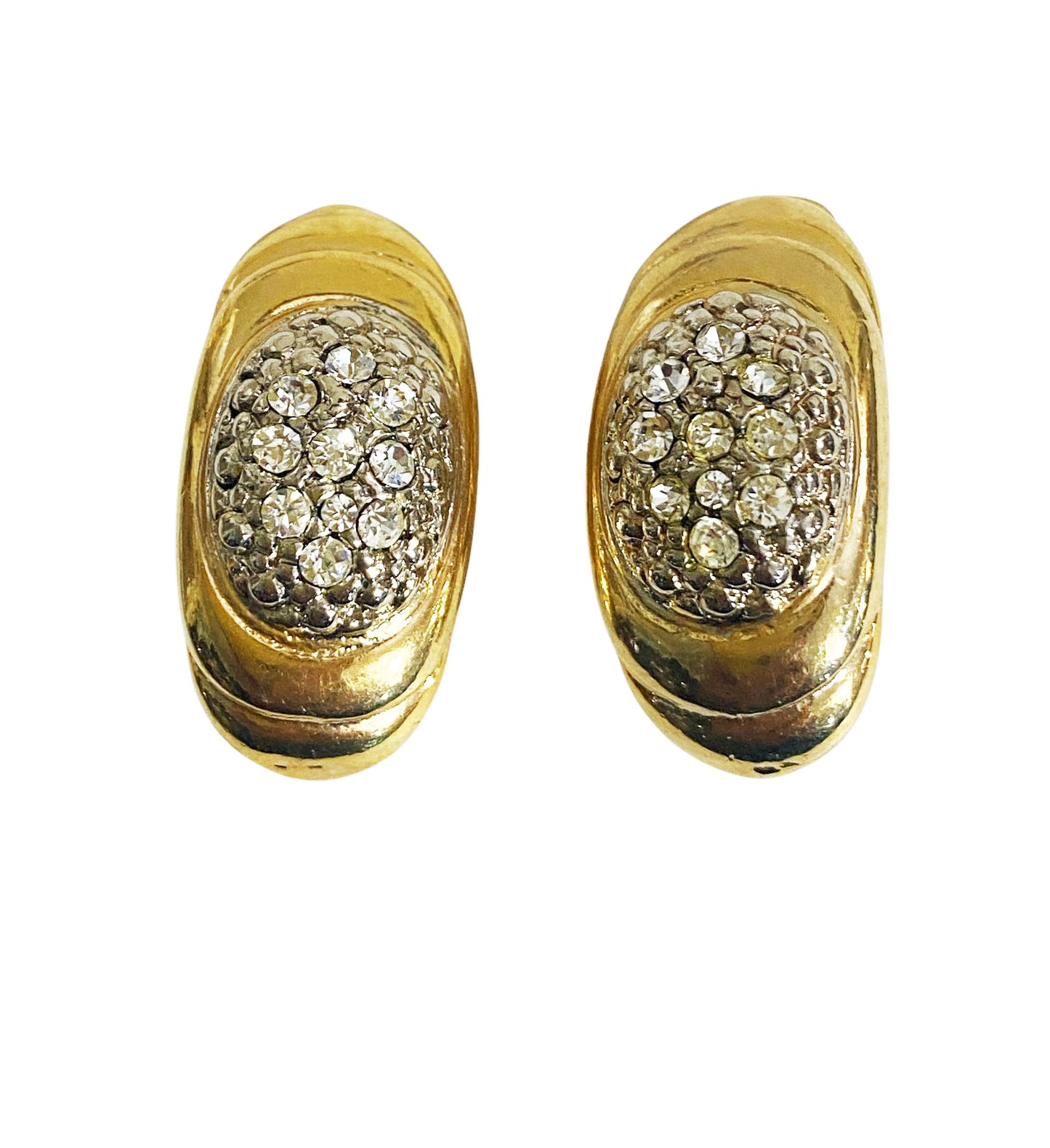 #6396 Vintage Gold Tone W/Shimmering Glass Diamonds Clips Earrings