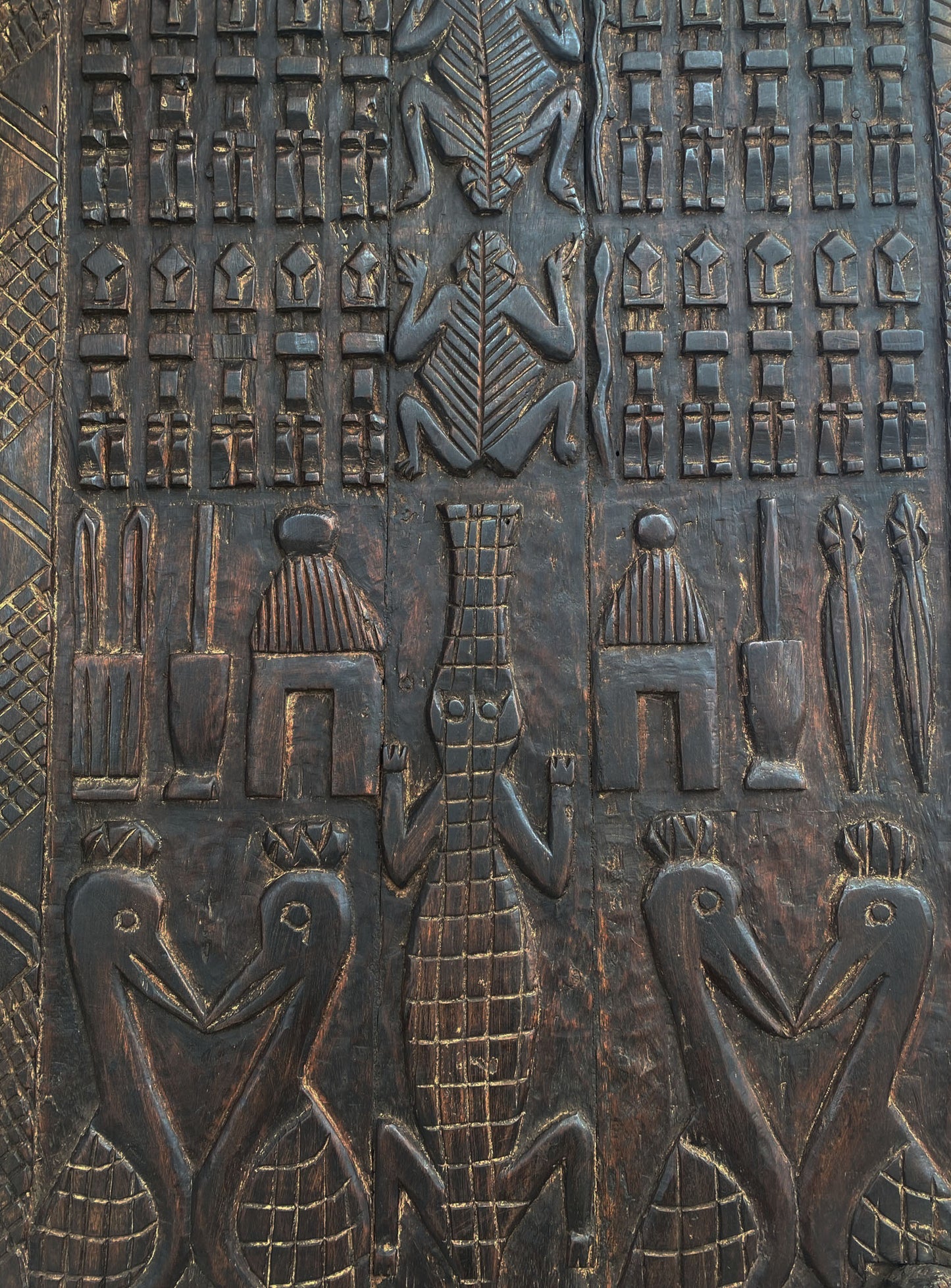 #6828 Vintage Granary Dogon Door w/Nomoo Ancestors /crocodiles/ Mali African 80" H