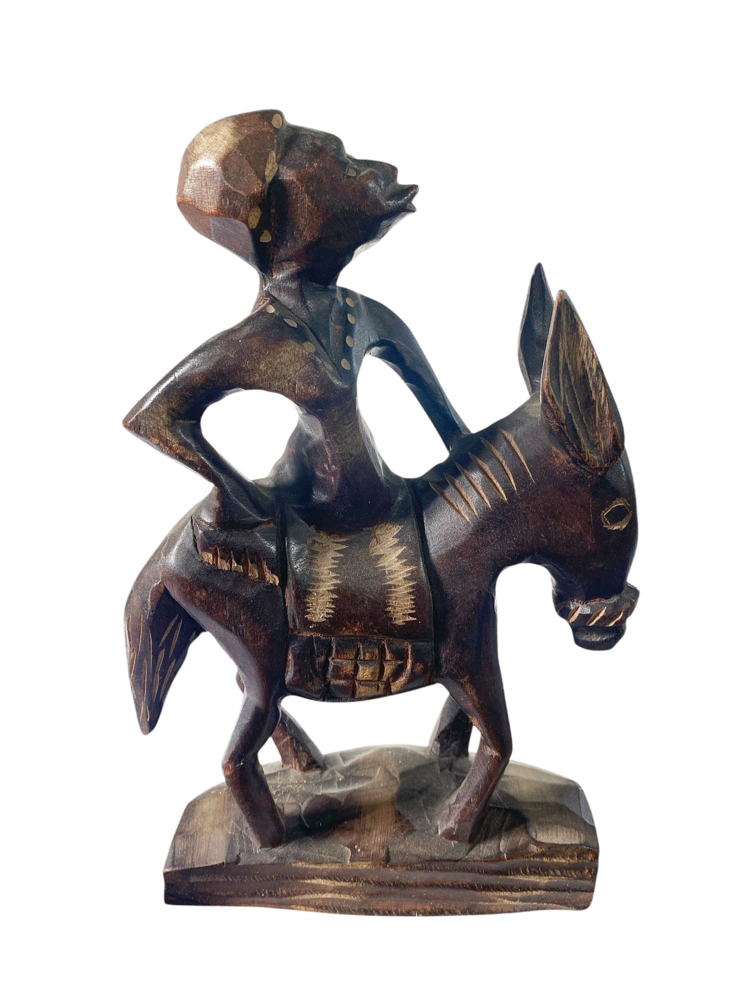 #800 Vintage African Wood Sculpture of a Figure on a Donkey 11" H