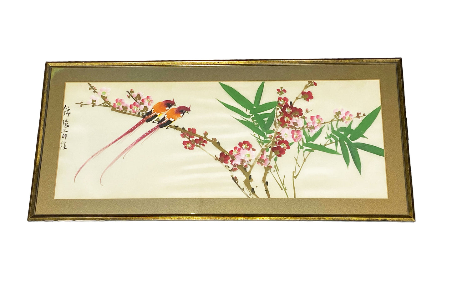 #6021 Vintage Chinoiserie Hand Painted Silk Framed 30" W