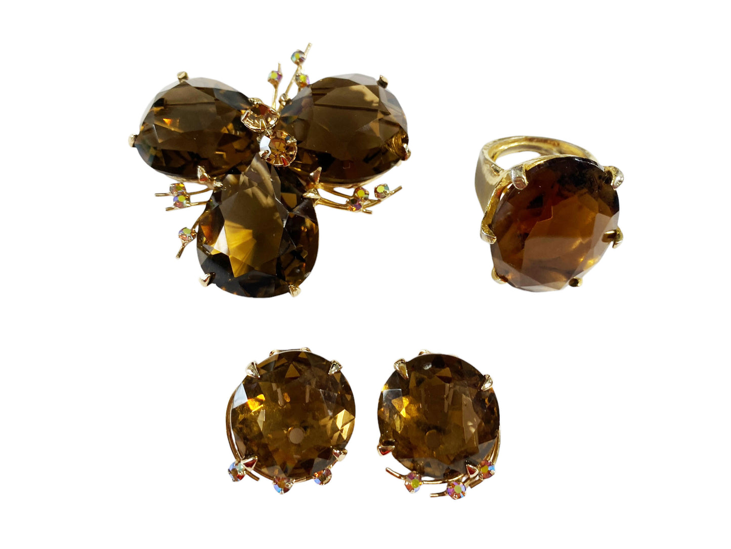 #6203 Vintage Bergere Gold tone Topaz  Rhinestone Set of  Brooch Pin/Earrings/Ring
