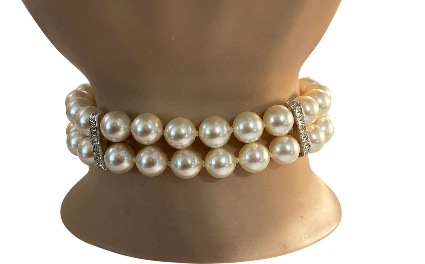 #6295 Vintage Czech Two Strand Pearl Bracelet With Faux silver tone  Diamond Clasp 8"