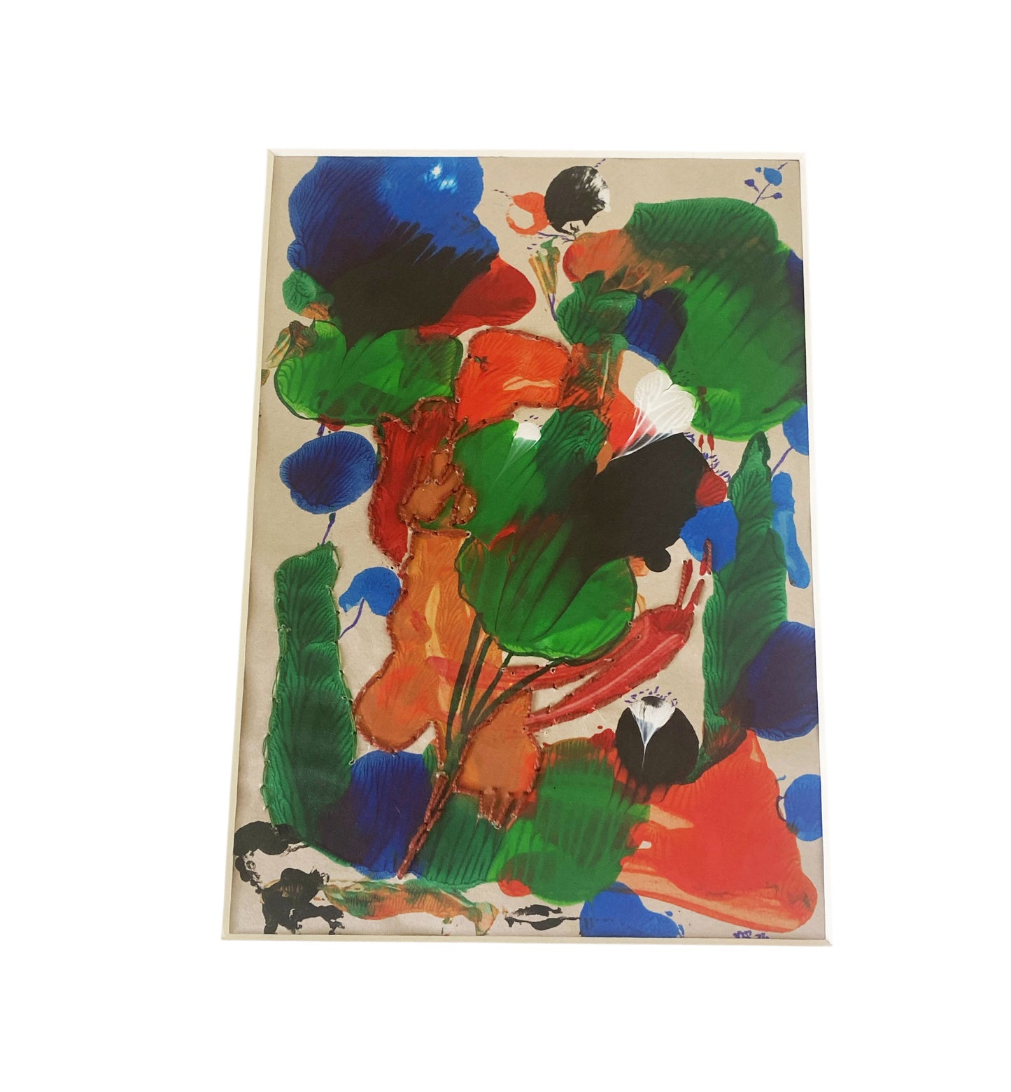 #6319 Acrylic and Embroidery Abstract on Paper Framed Fleurs de l'Automne By YJR