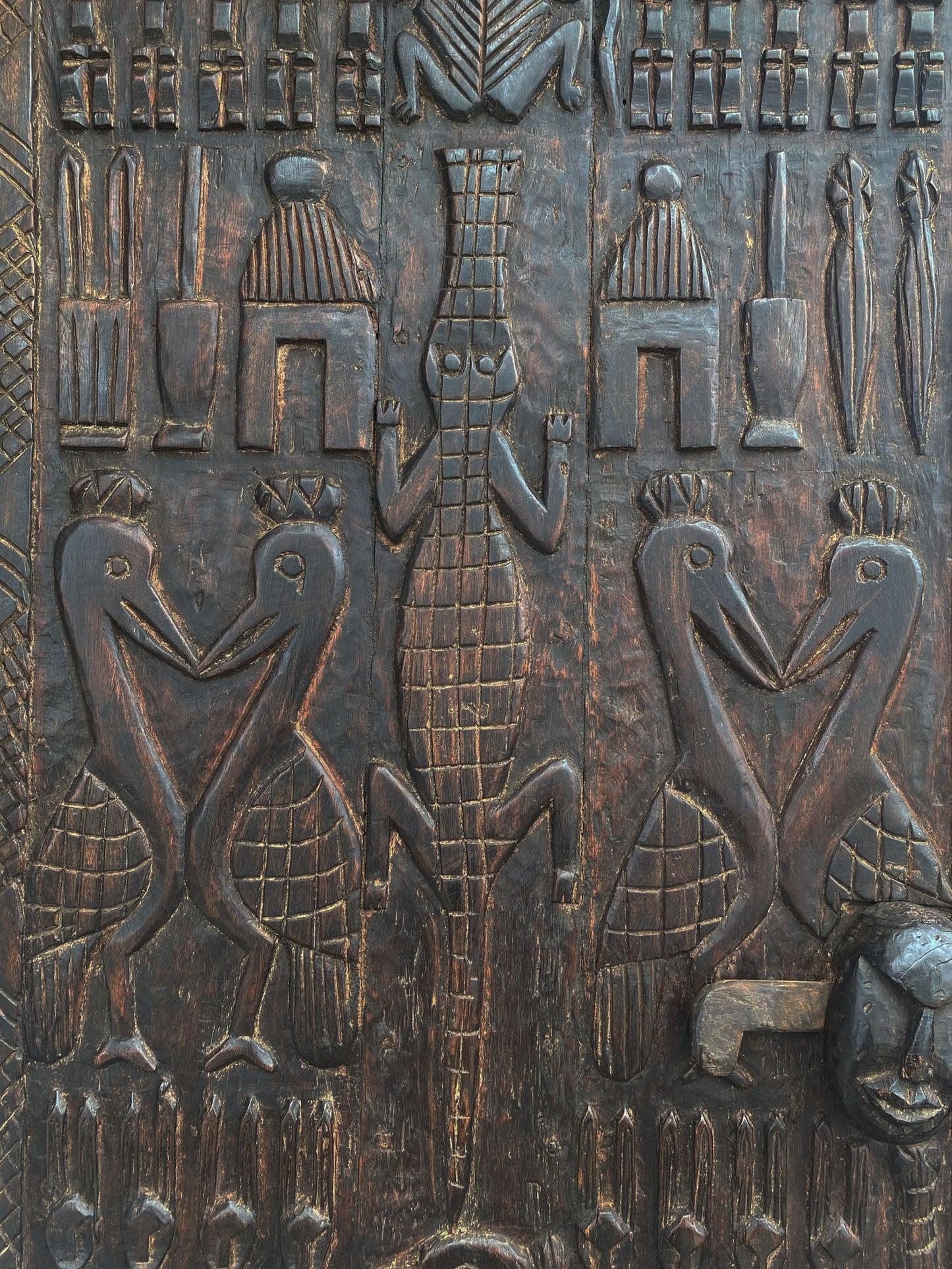 #6828 Vintage Granary Dogon Door w/Nomoo Ancestors /crocodiles/ Mali African 80" H