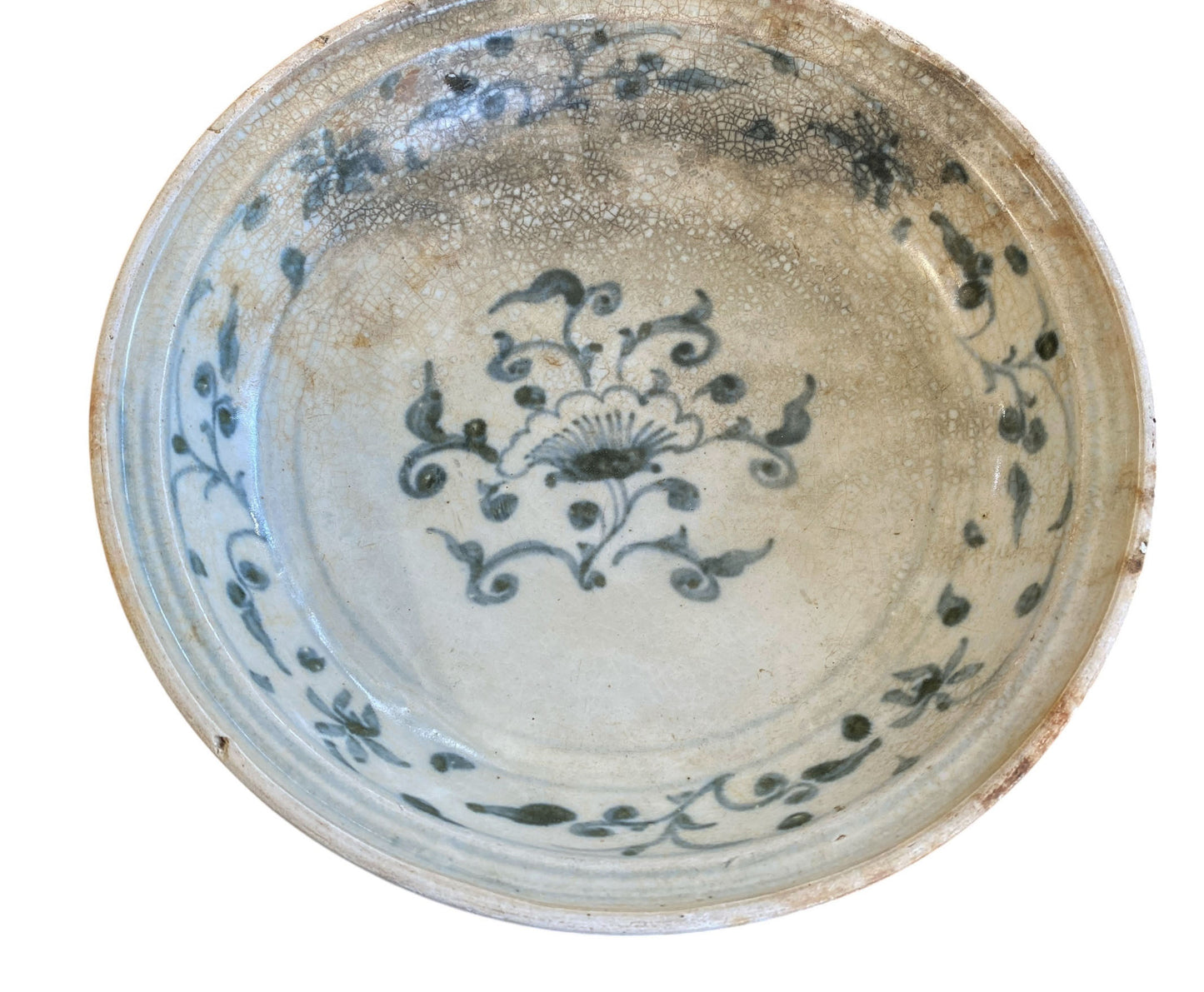 #321 15th Century Hoi an Hoard Shipwreck Porcelain Blue/White Dish With Floral 9" D