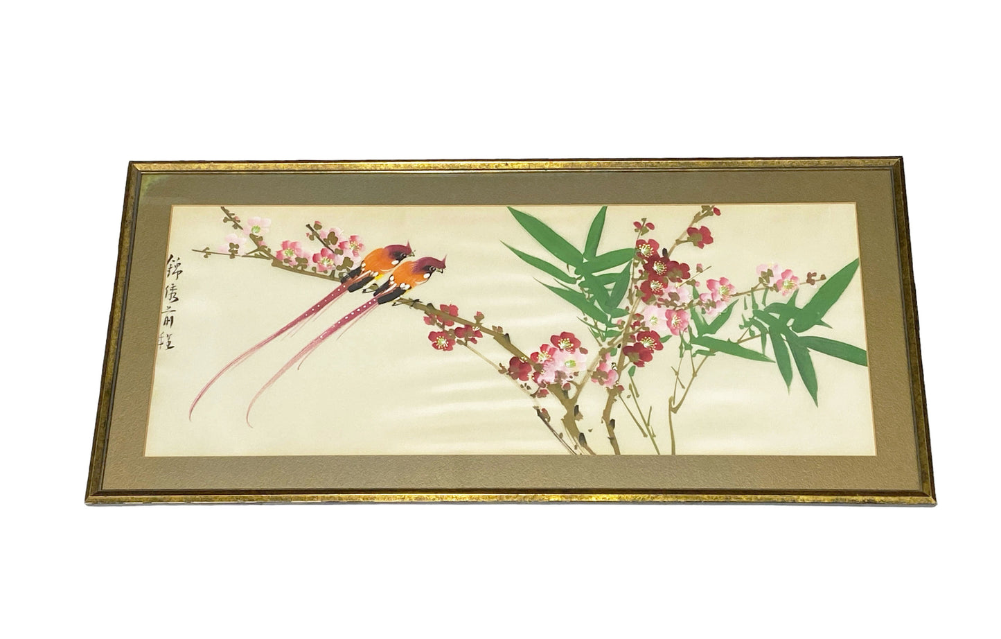 #6021 Vintage Chinoiserie Hand Painted Silk Framed 30" W