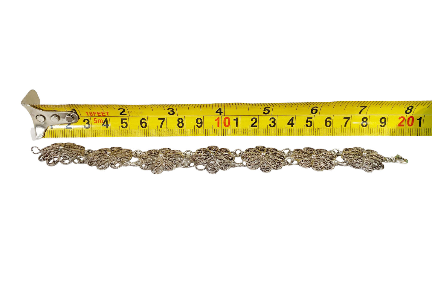 #7250 Vintage Silver Portuguese Floral Filigree Panel Link Vintage Bracelet