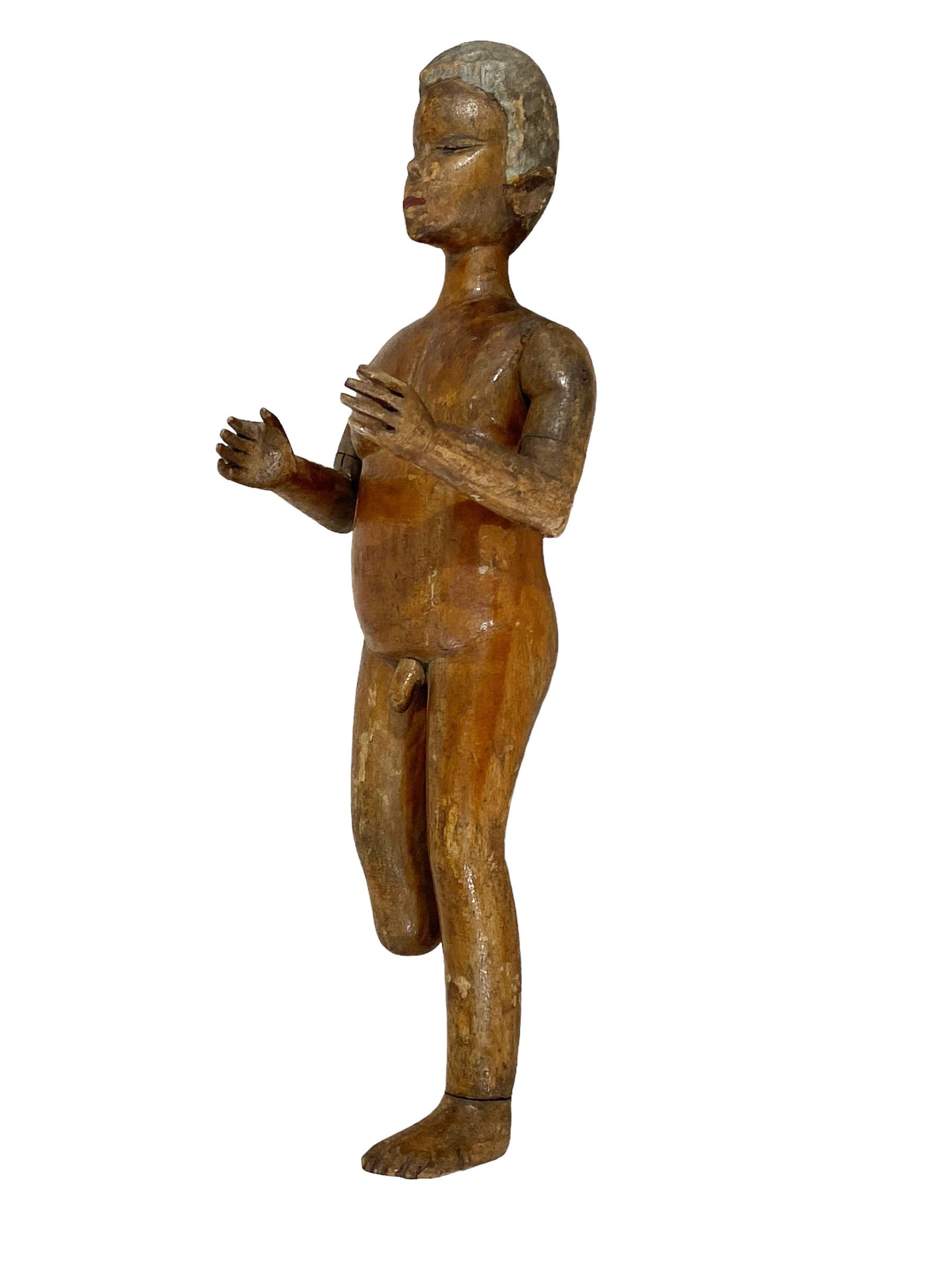 #5606 19th C wooden standing Figure of a Boy 12.25" H