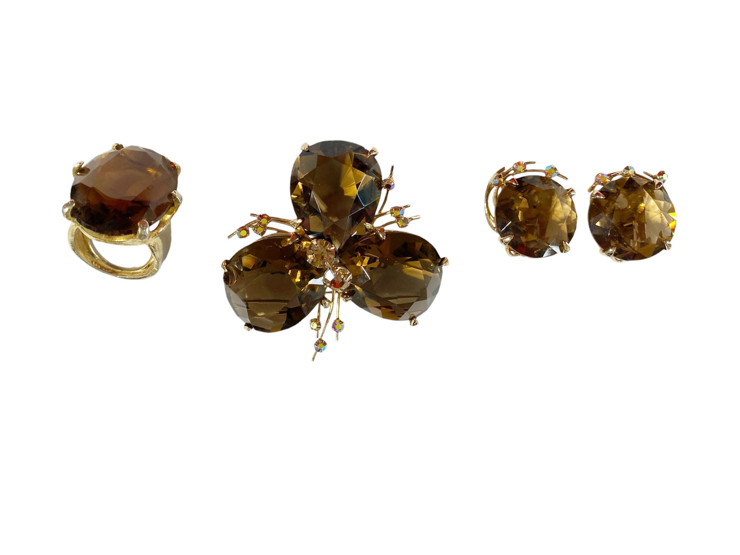 #6203 Vintage Bergere Gold tone Topaz  Rhinestone Set of  Brooch Pin/Earrings/Ring