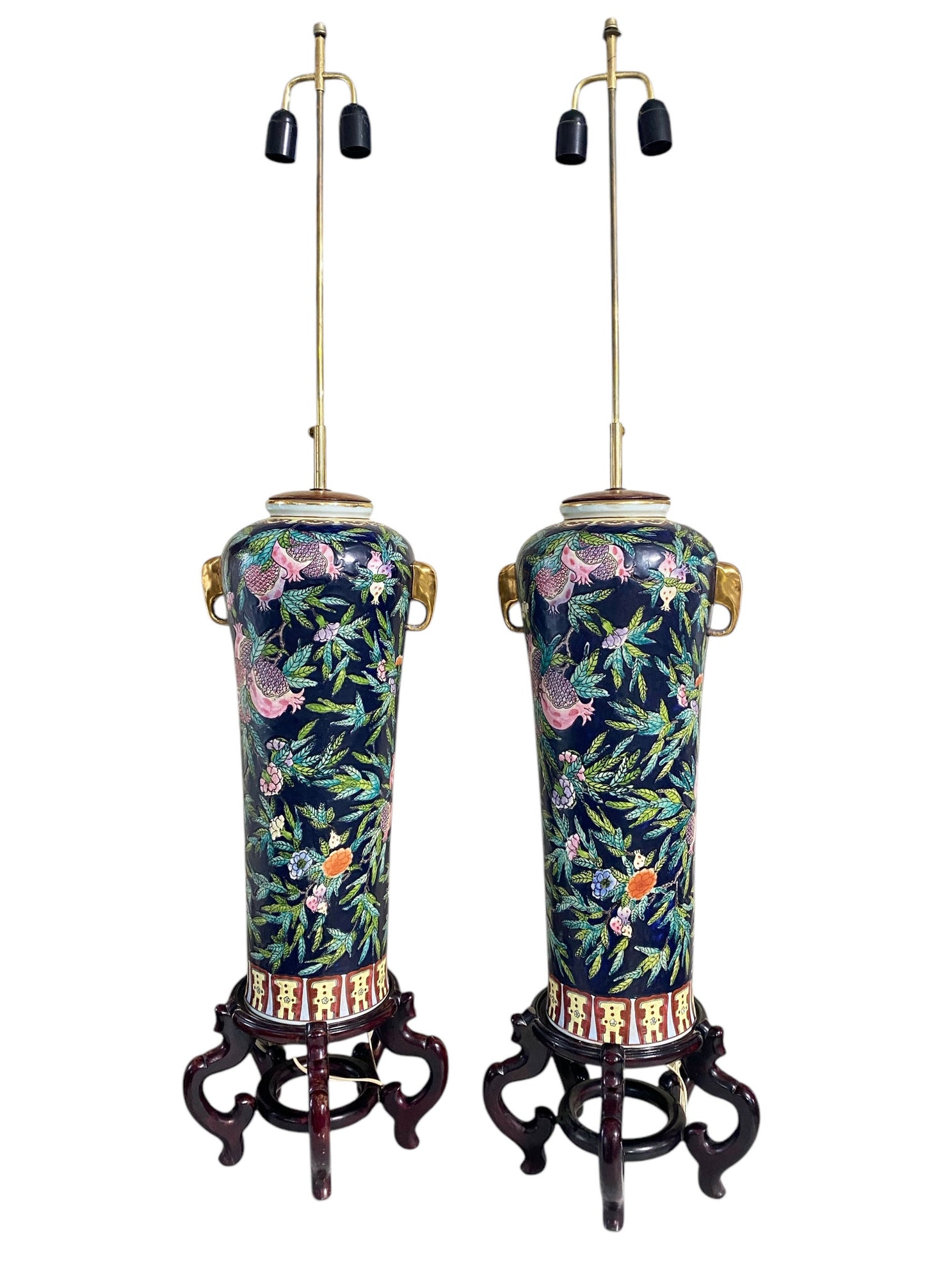 #6416 Vintage Pair of Chinoiserie Porcelain Famille Rose lamps on stands 39" H