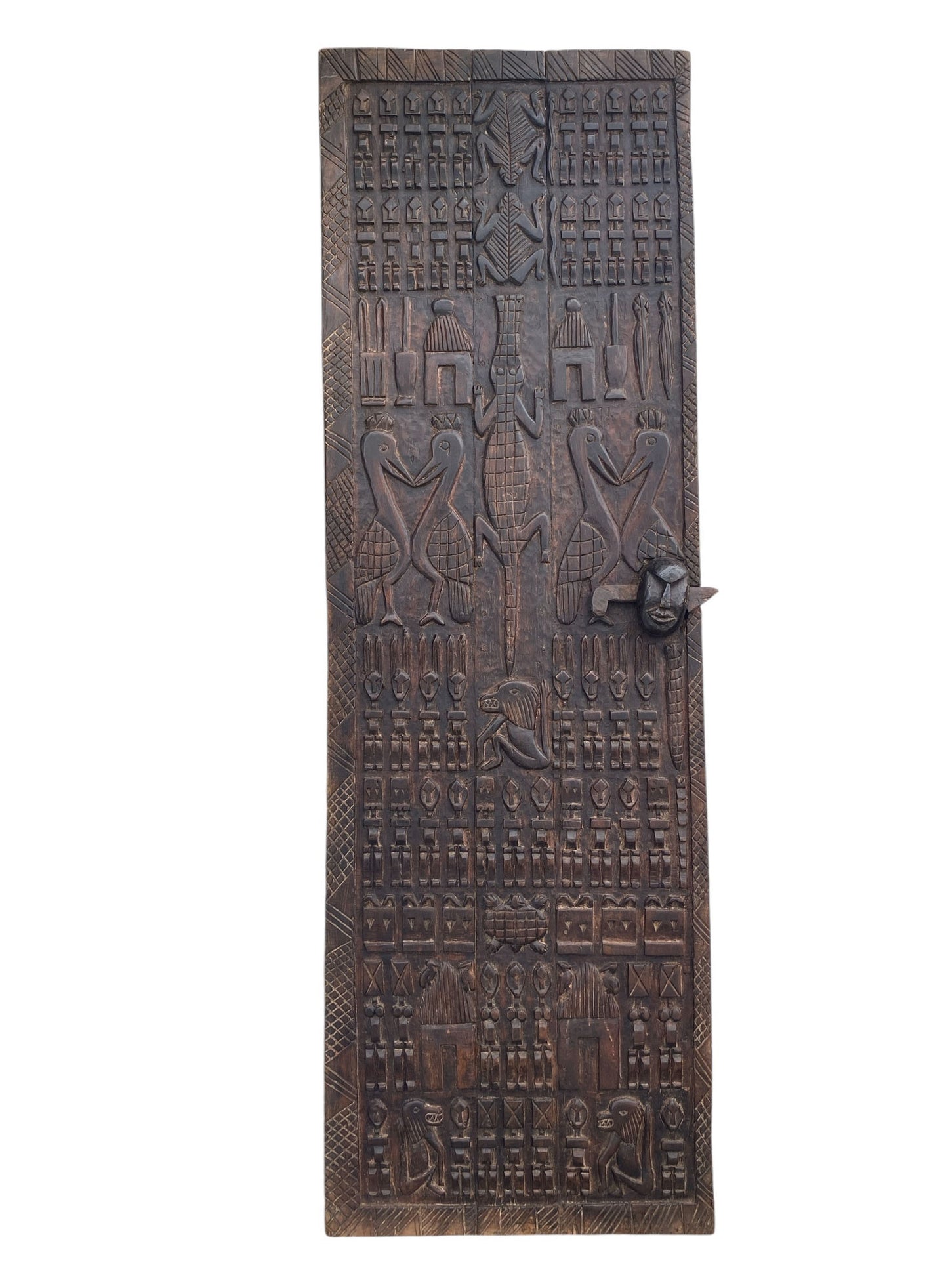 #6828 Vintage Granary Dogon Door w/Nomoo Ancestors /crocodiles/ Mali African 80" H
