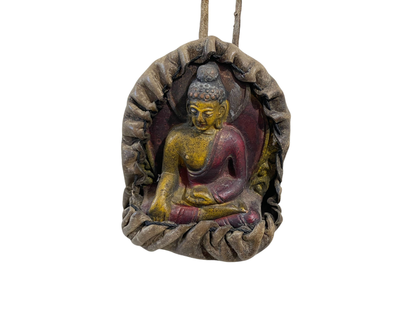 #6248 Nepalese Buddha with Genuine Yak Leather Pendant Wall Decor 14" H