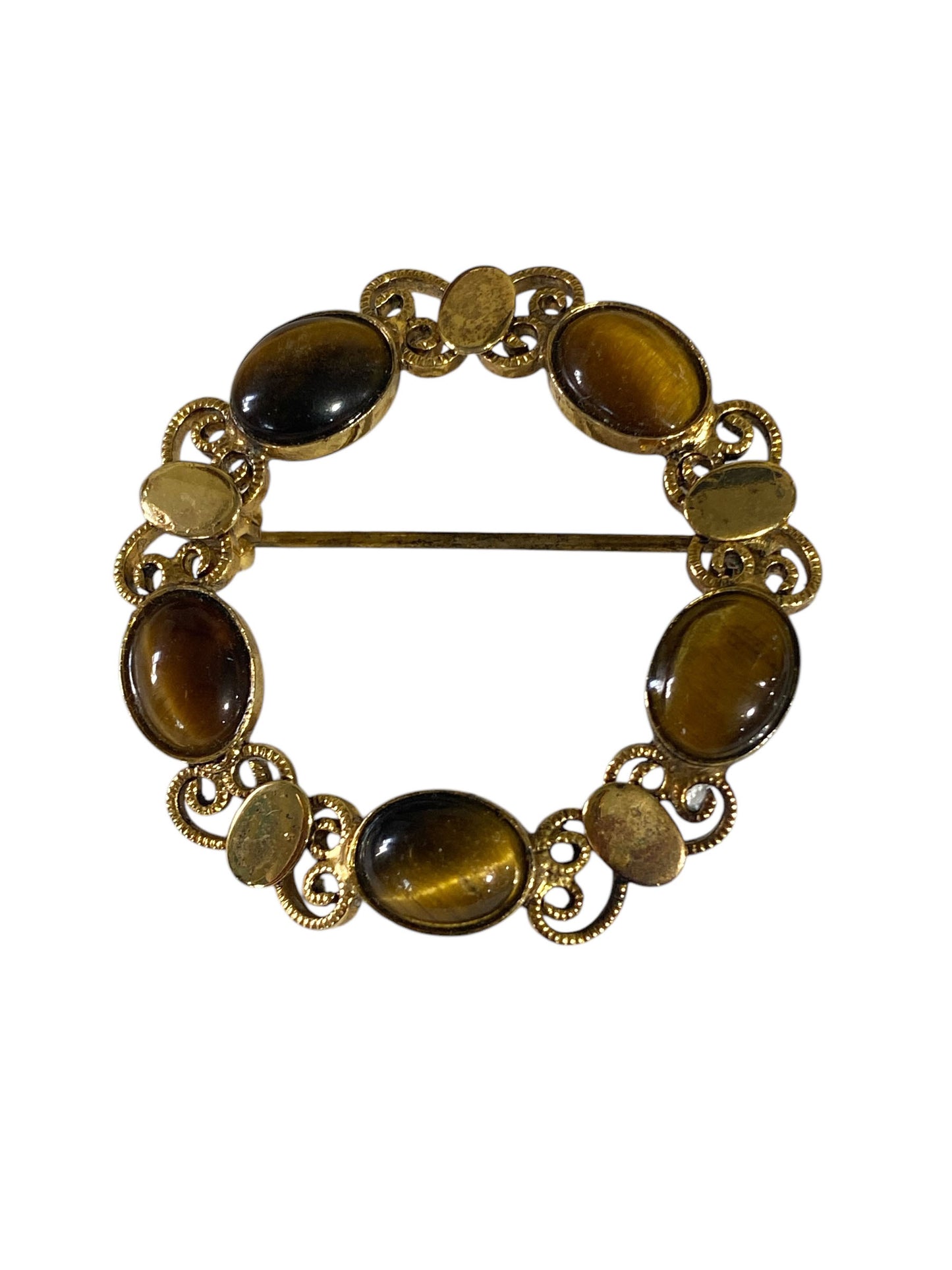#6301  Tigers Eye Style Garland Wreath  Gilt Pin Brooch 1.25" D