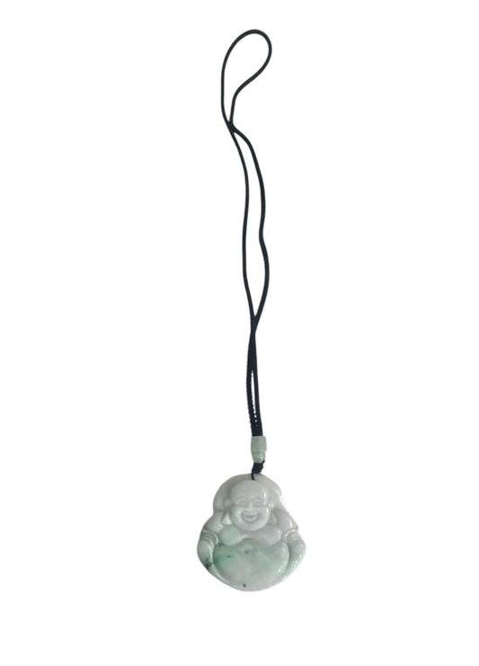 #6383 Vintage Jadeite Jade  Carved Wealth  Pendant w/ Happy Buddha