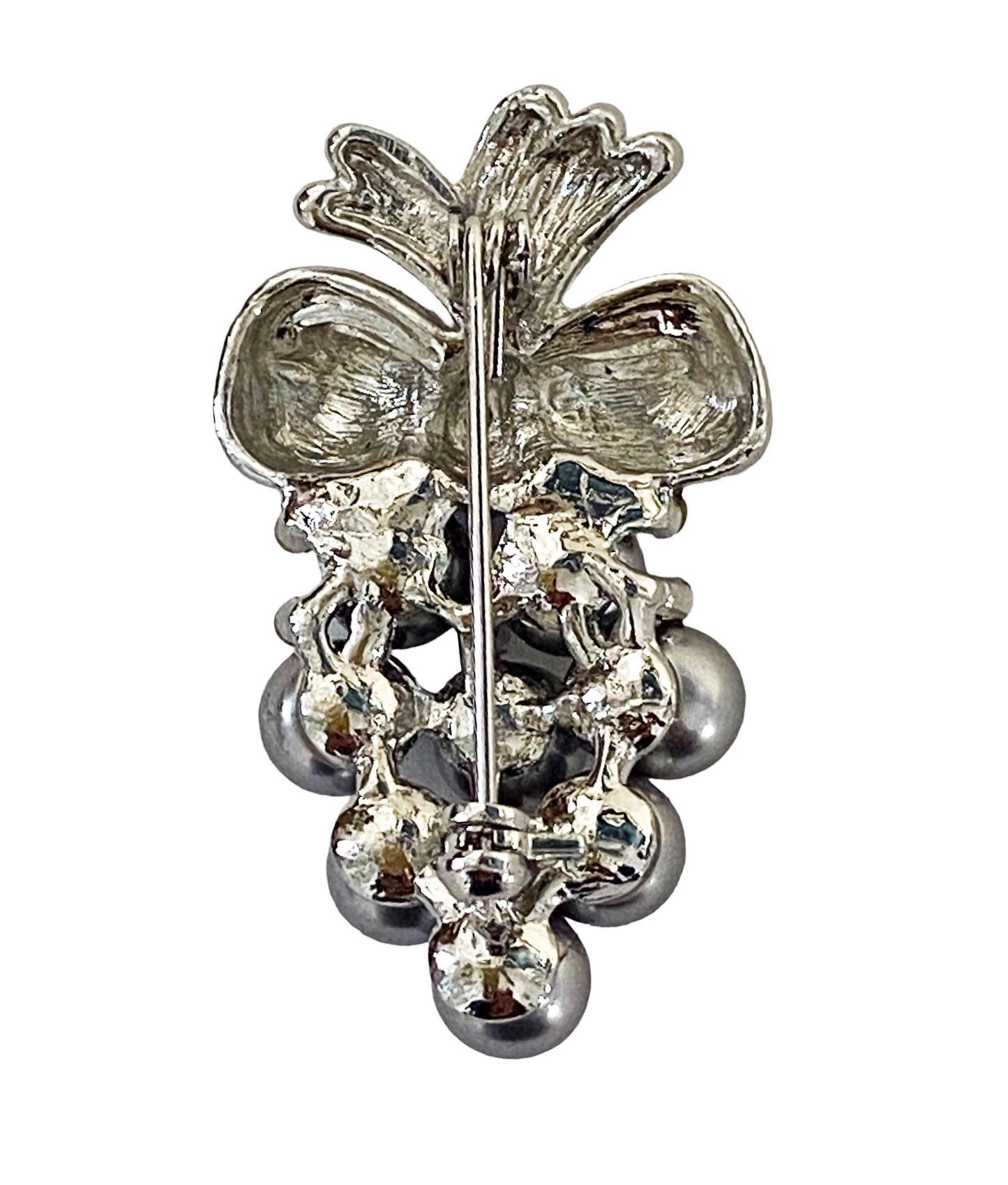 #7185 Vintage Brooch/ Pin Silver Tone Grape Faux Pearl & Rhinestones 1.5 Inch