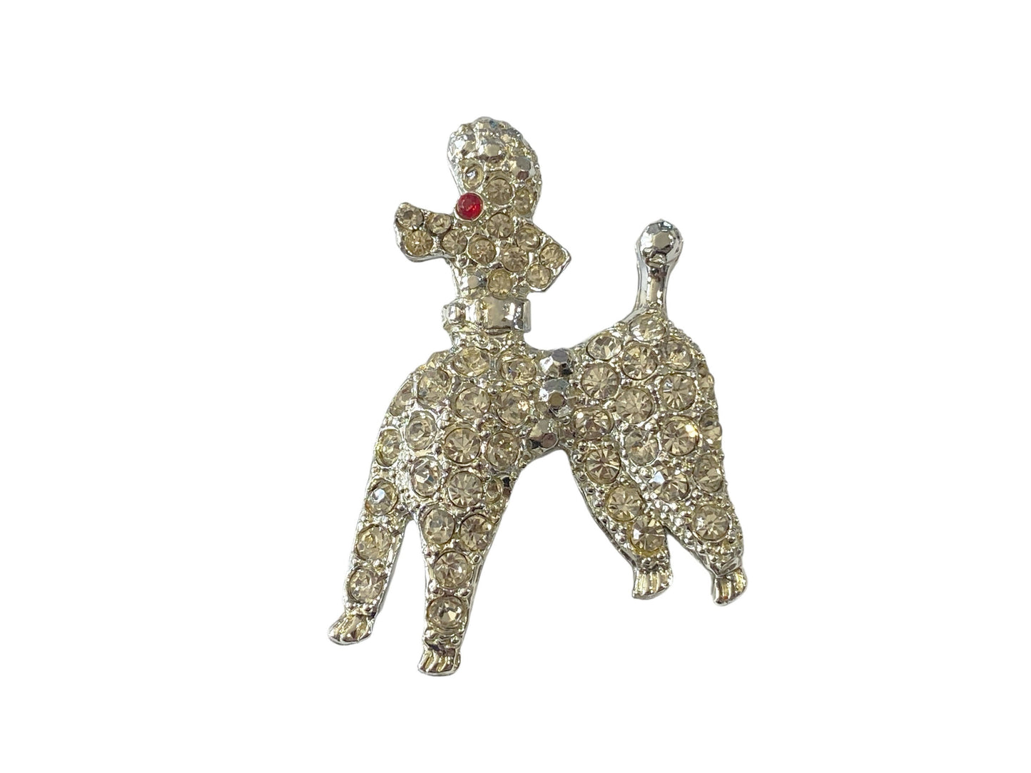 #6114 Vintage Rhinestone Poodle Brooch Pin Silver Tone - Dog