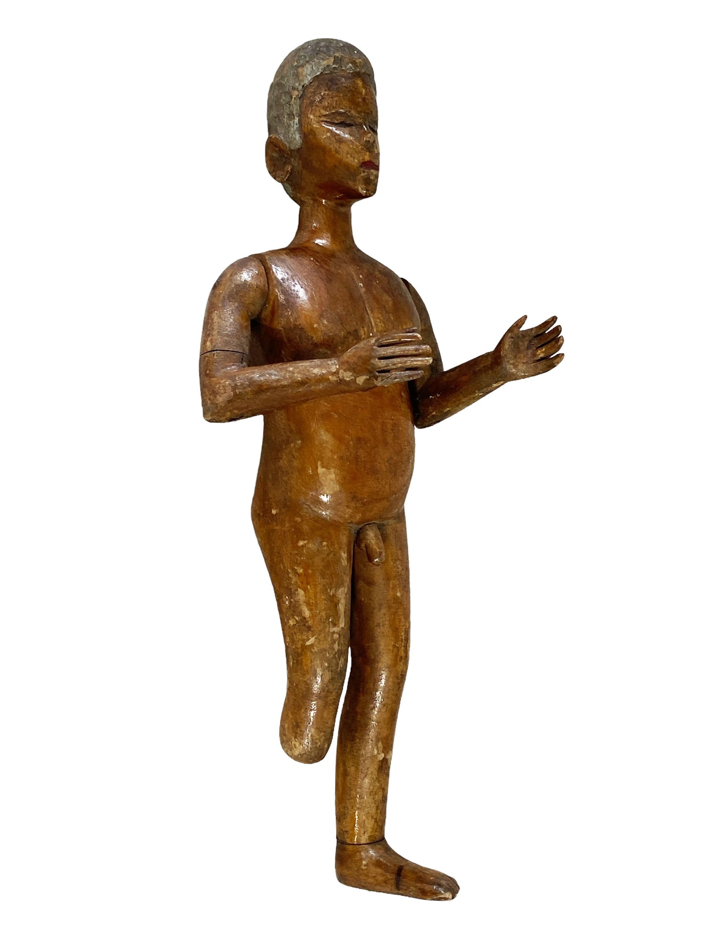 #5606 19th C wooden standing Figure of a Boy 12.25" H