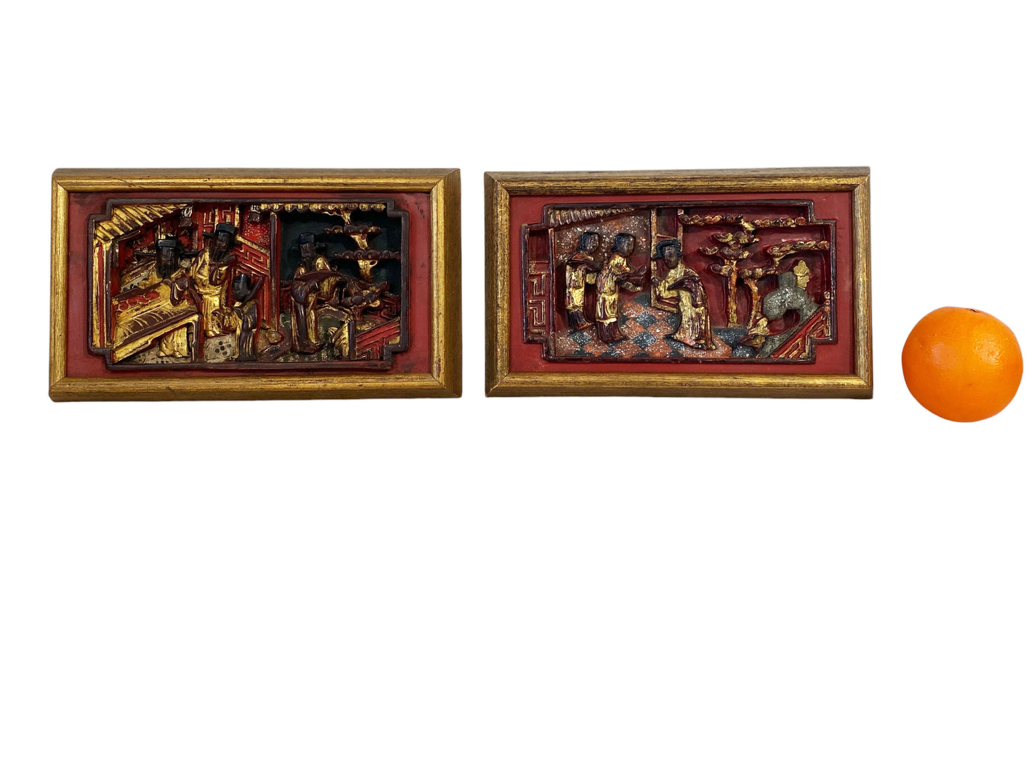 #6216 Antique Chinoiserie Wall Hanging Set of Two Plaques/Panels Framed .