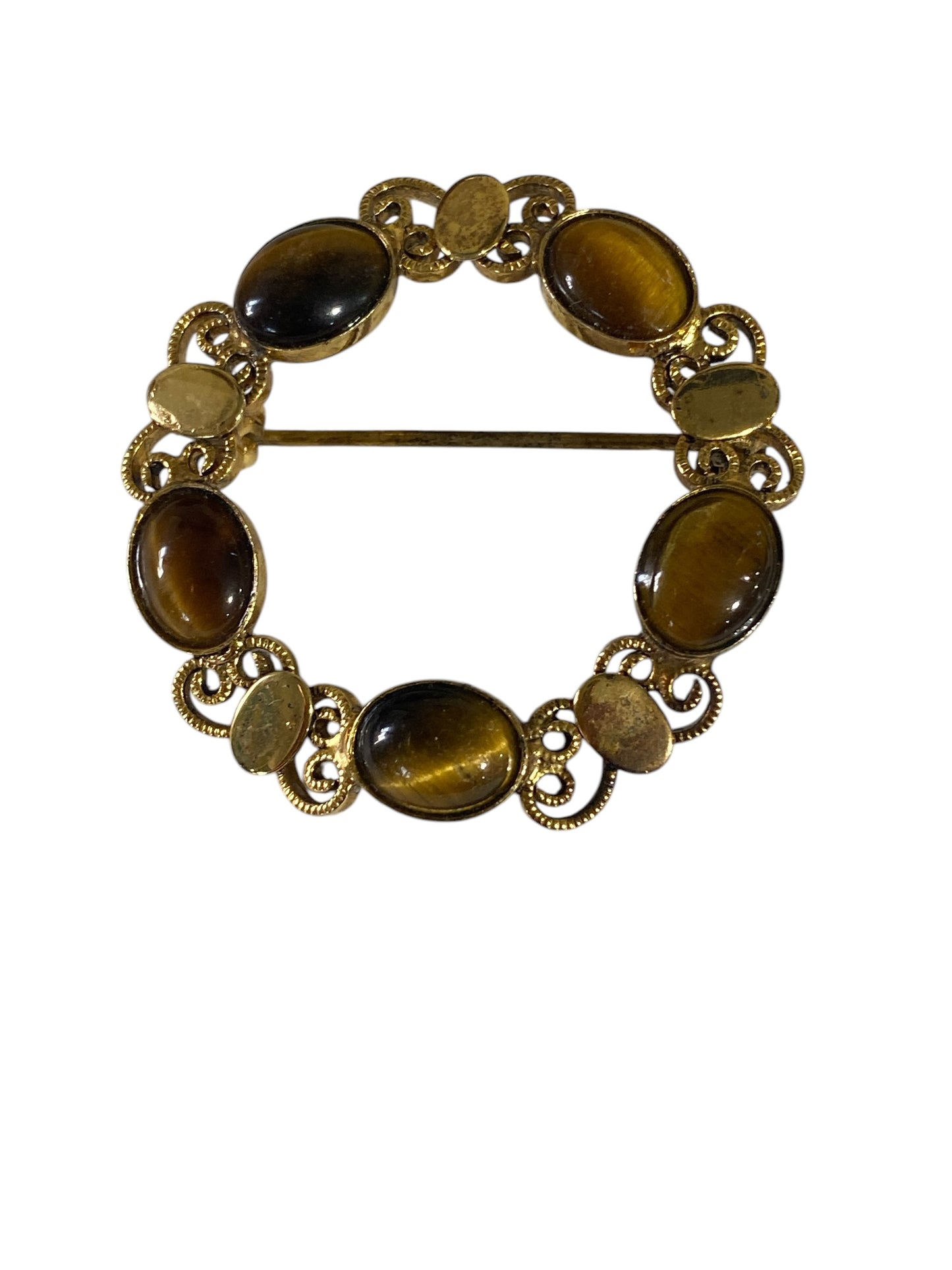 #6301  Tigers Eye Style Garland Wreath  Gilt Pin Brooch 1.25" D