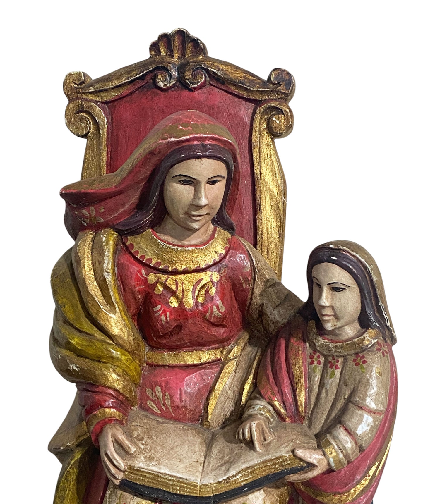 #193 Superb South American circa 1950 hand carved wood St Anne teaching Child Mary