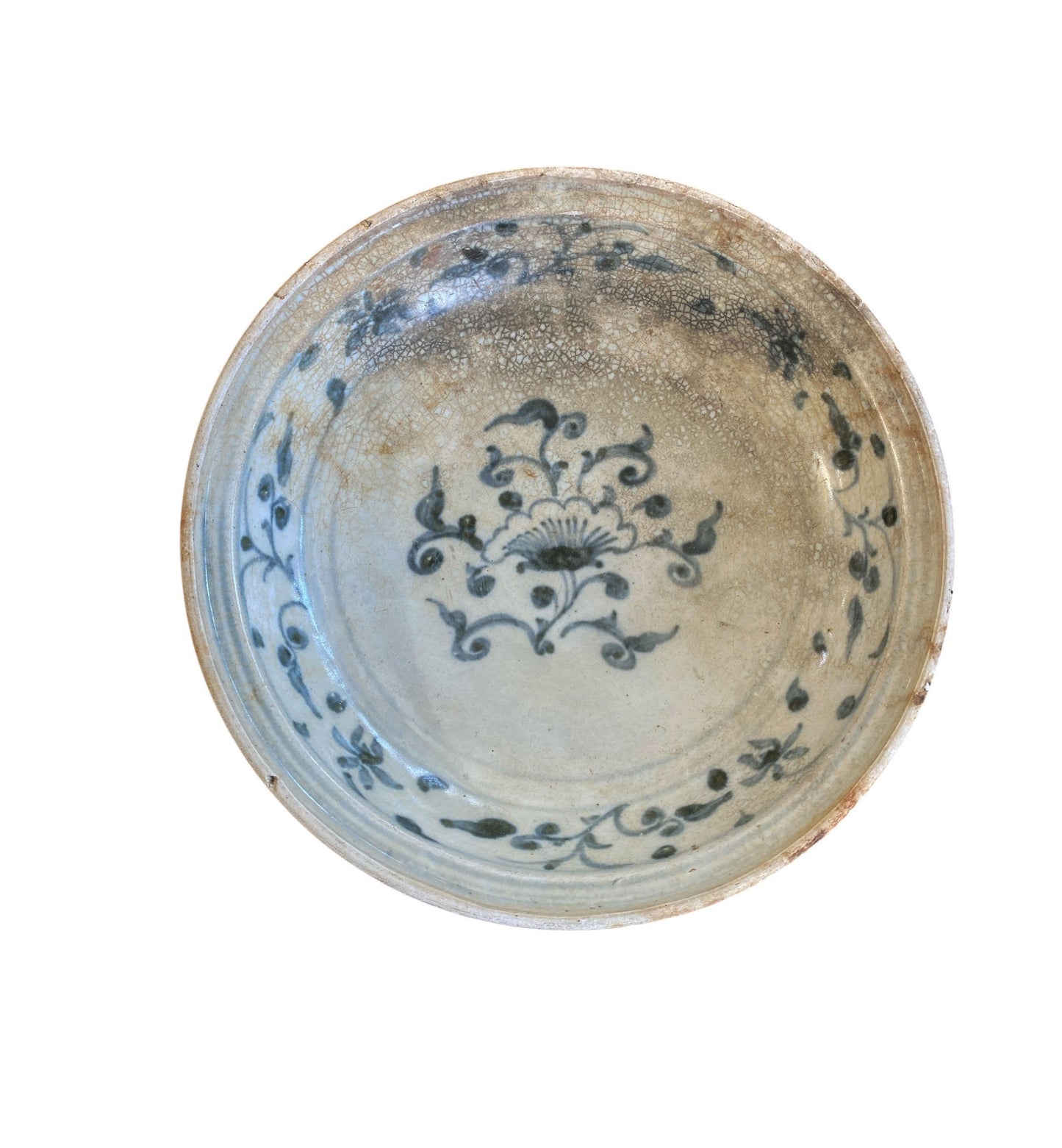 #321 15th Century Hoi an Hoard Shipwreck Porcelain Blue/White Dish With Floral 9" D