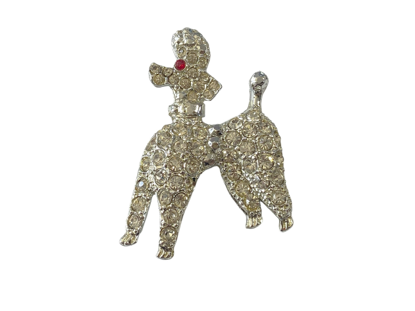 #6114 Vintage Rhinestone Poodle Brooch Pin Silver Tone - Dog