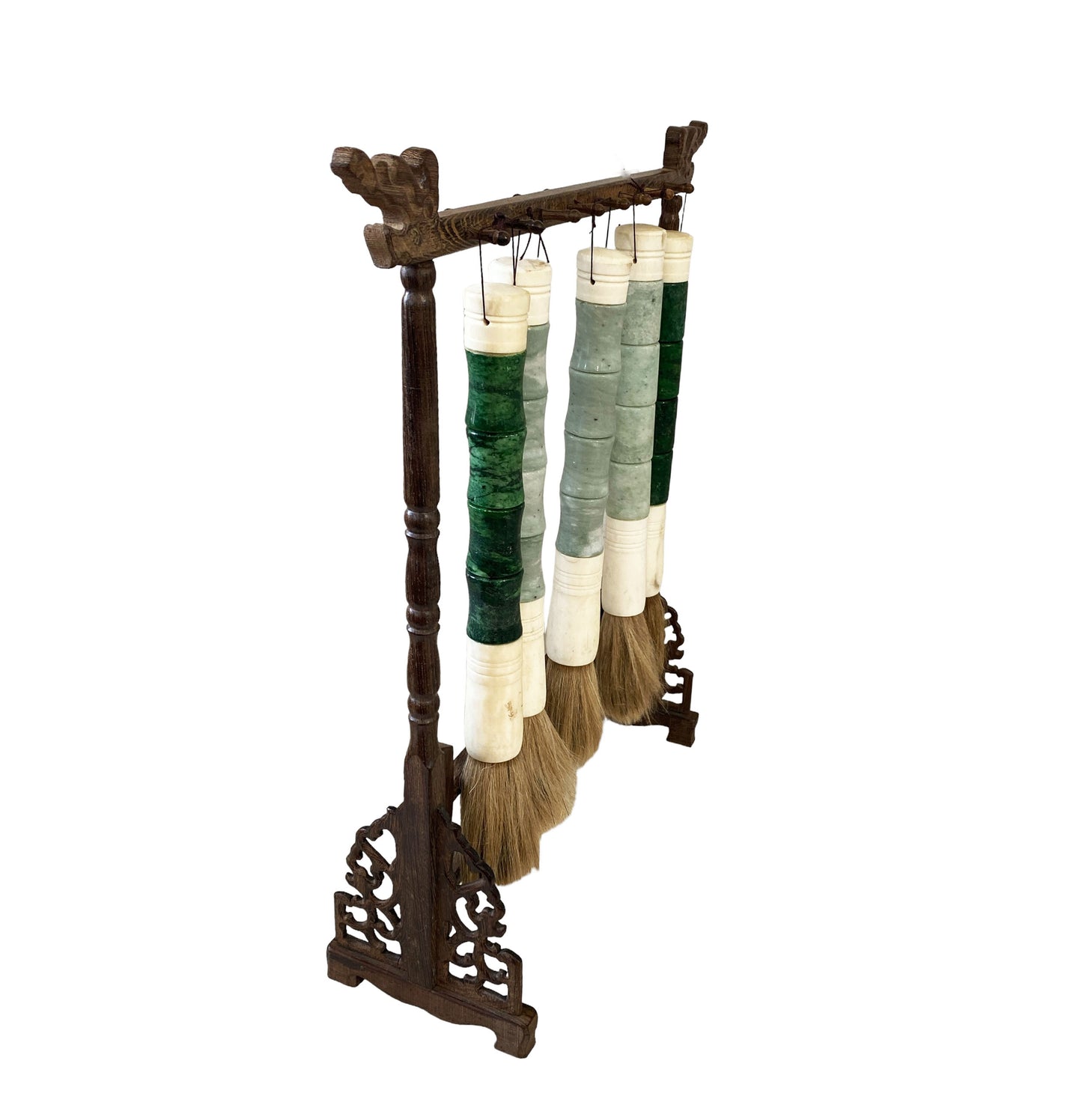 #6135 Chinoiserie Chicken Wood Stand With Five Calligraphy Brushes 19" H