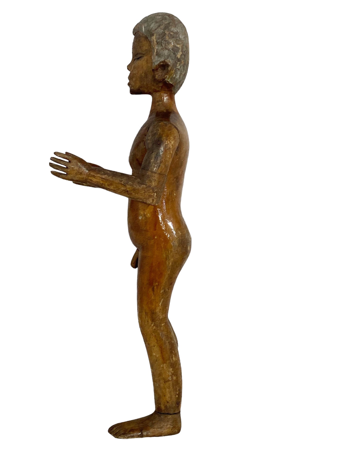#5606 19th C wooden standing Figure of a Boy 12.25" H