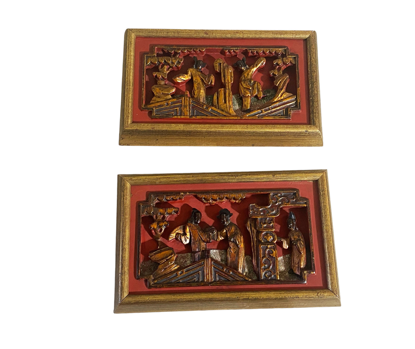 #6218 Antique Chinoiserie Wall Hanging Set of Two Plaques/Panels Framed .